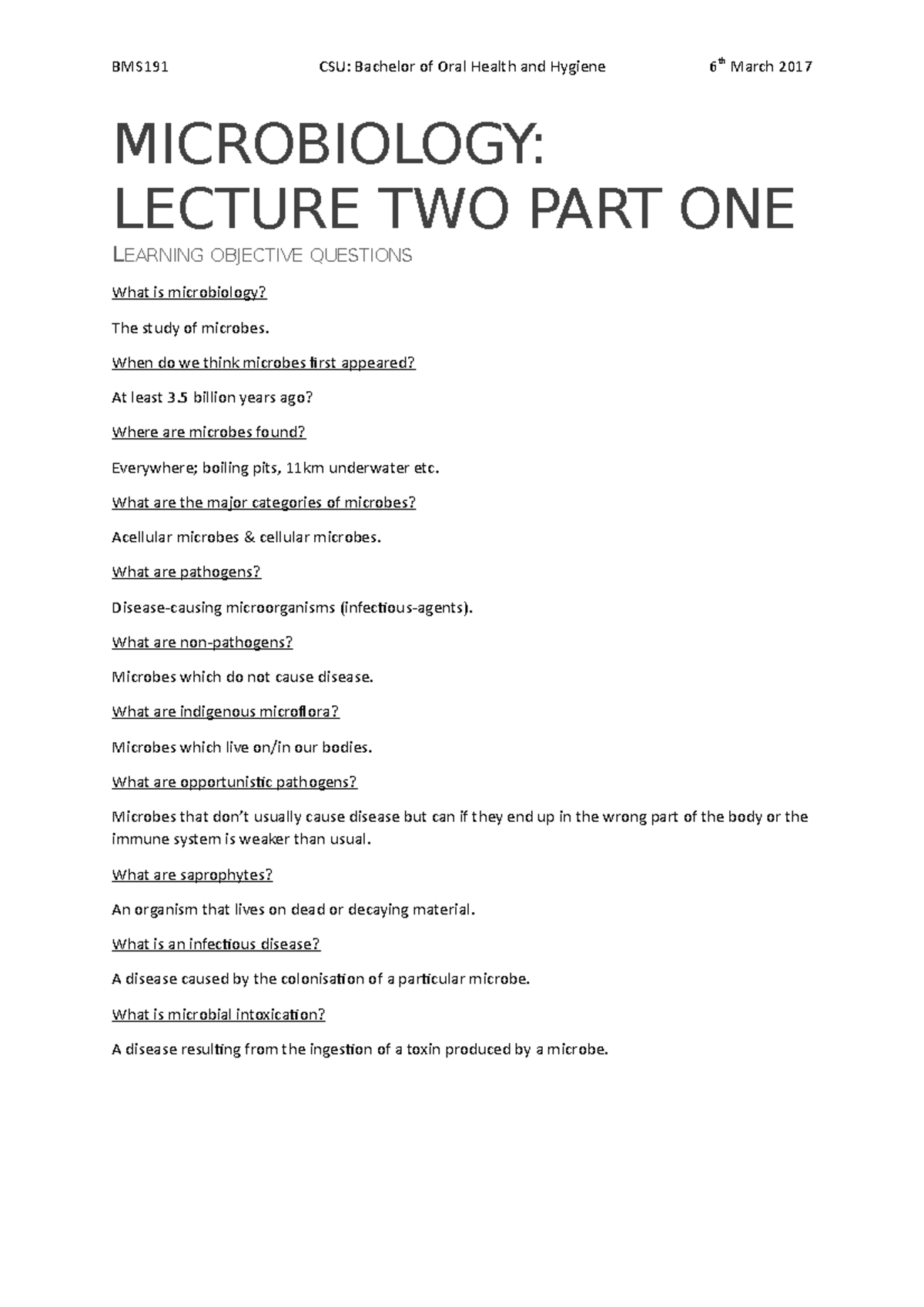 Lecture two part one BMS191 CSU Bachelor of Oral Health and Hygiene 6th March 2017