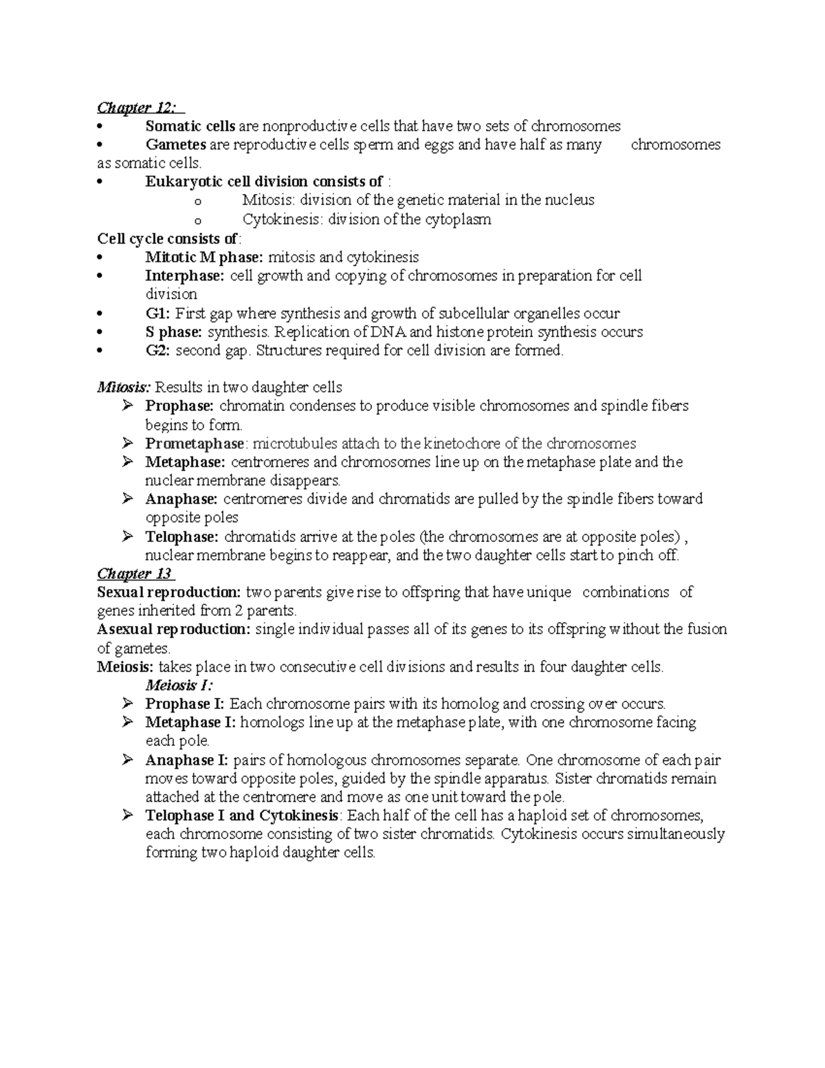 Bio exam 3 review sheet - n/a - Chapter 12: Somatic cells are ...