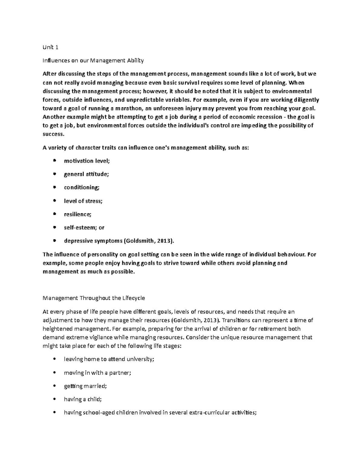 Unit 1C - Lecture Notes 1 - Unit 1 Influences On Our Management Ability ...