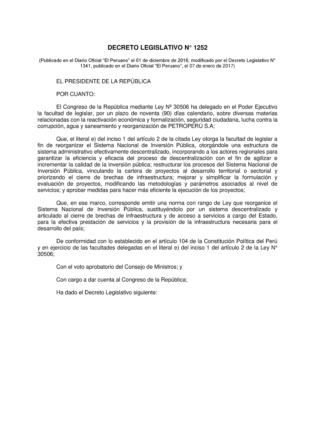 Decreto Legislativo N° 1252 - DECRETO LEGISLATIVO N° 1252 (Publicado En ...