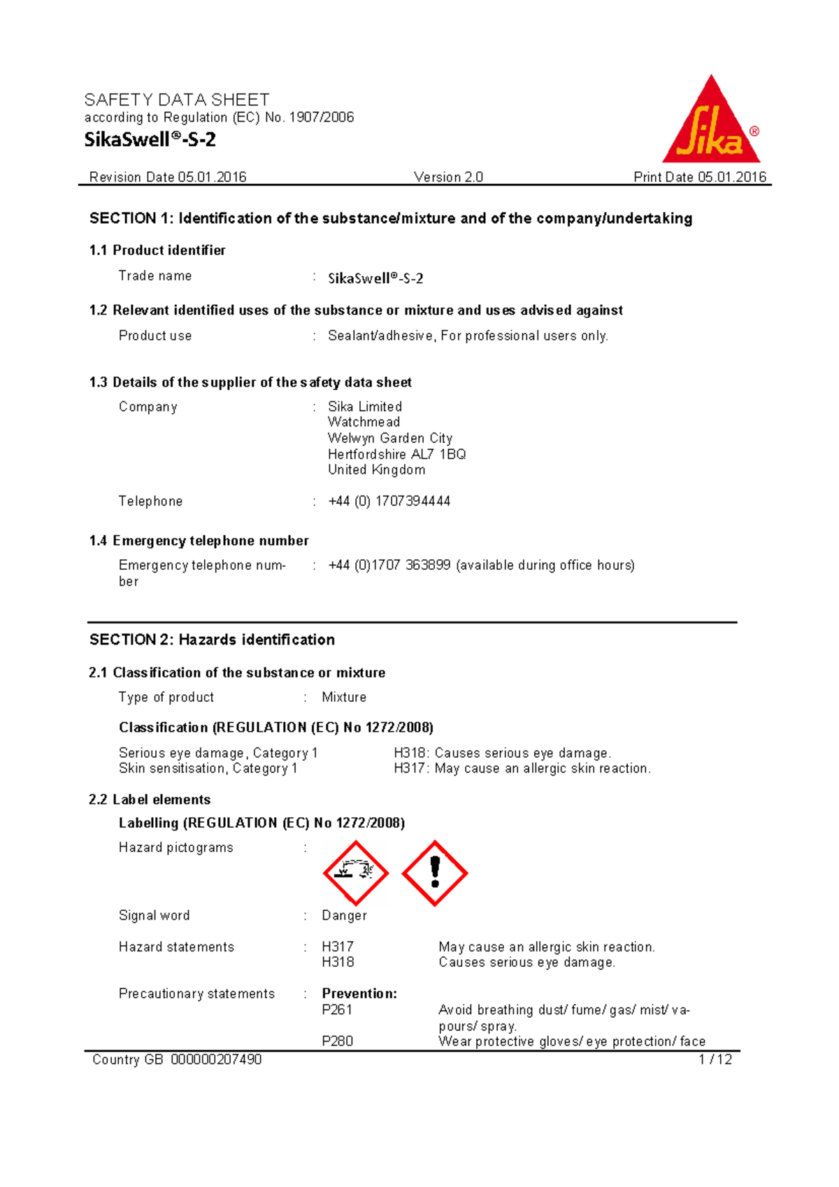 Sika Swell® S 2 SDS - Sample Of Safety Data Sheet Of Chemical Product ...