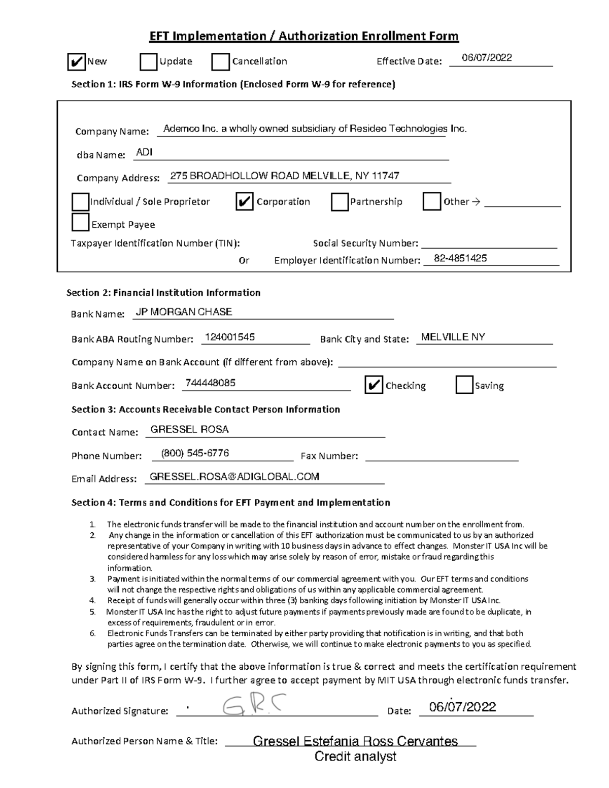 MIT USA EFT Form Filled TS - New Update Cancellation Effective Date ...