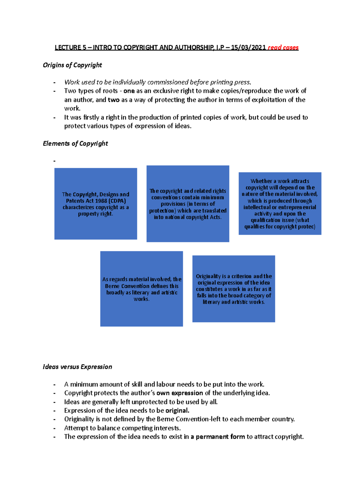I.P Lecture Notes - Introduction to Copyright and Authorship - LECTURE ...