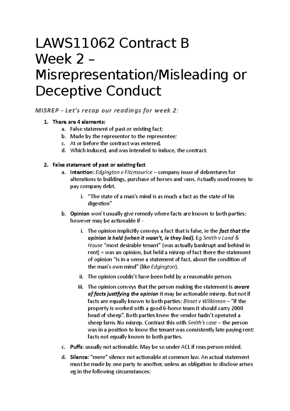 Week 2 Misrepresentation Answer Guide - LAWS11062 Contract B Week 2 Or ...