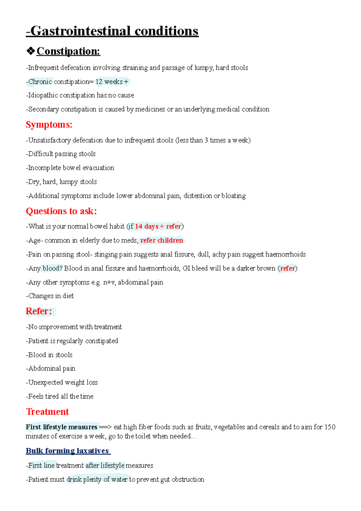 Self care - Lecture notes -Gastrointestinal conditions Constipation ...