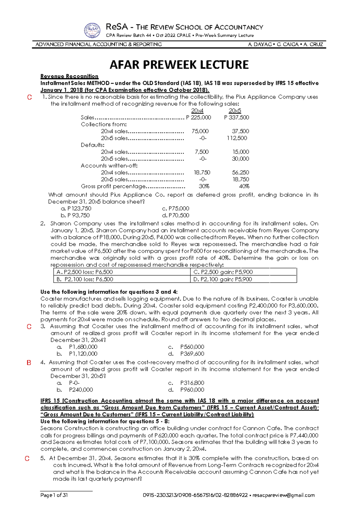 AFAR Preweek B44 WITH Answers - ReSA - THE REVIEW SCHOOL OF ACCOUNTANCY ...