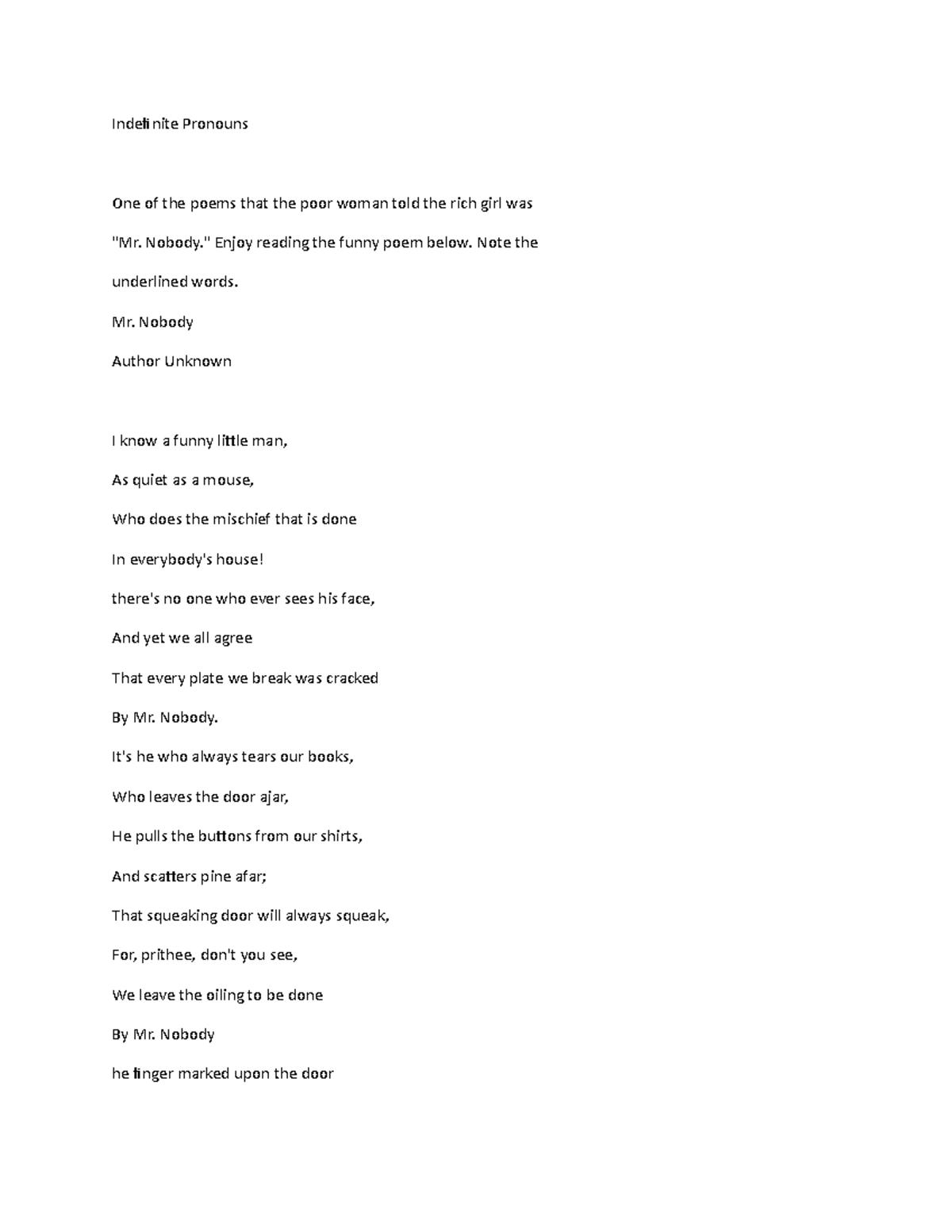 Indefinite Pron-WPS Office - Indefinite Pronouns One of the poems that ...