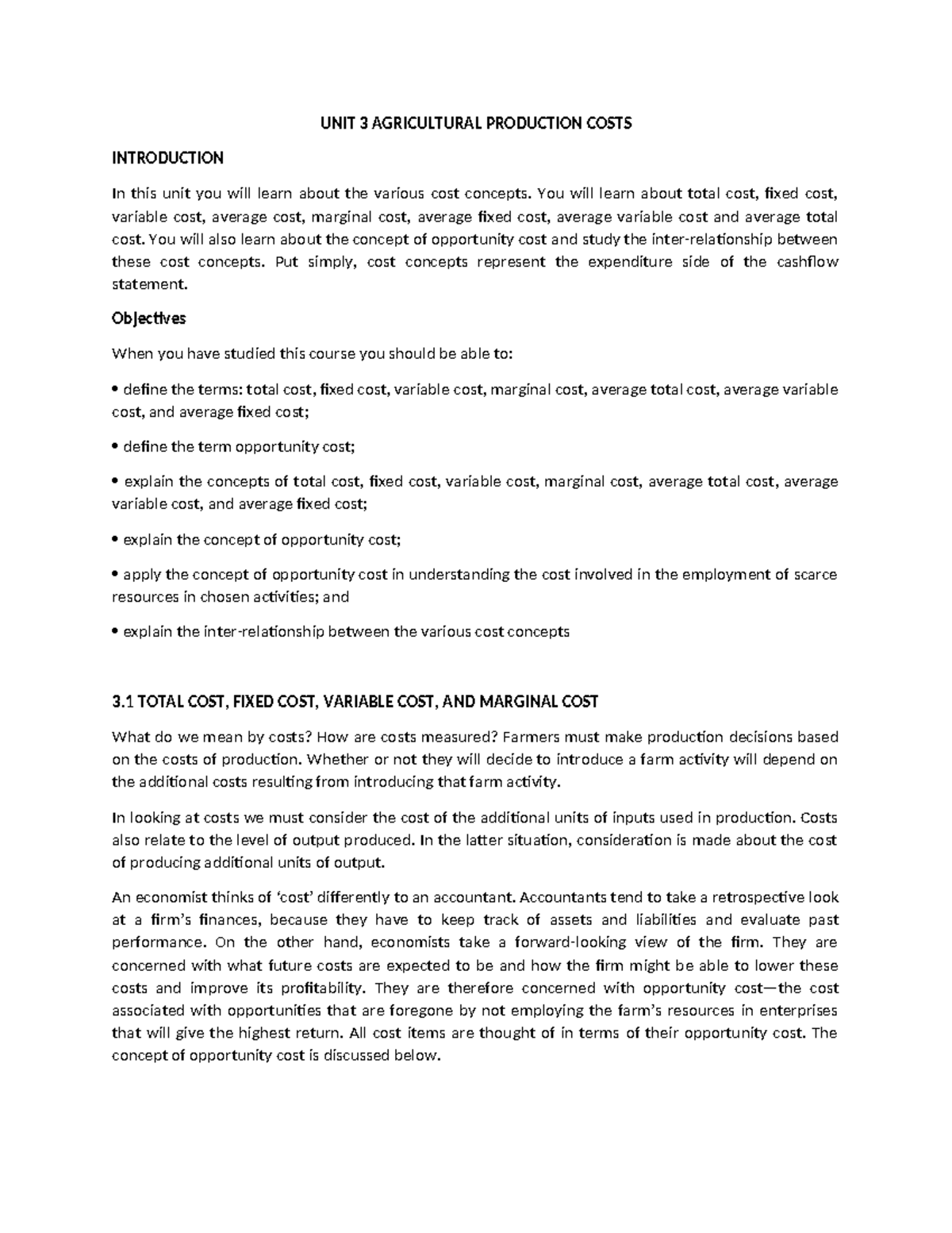 Unit 3 - GQTQY - UNIT 3 AGRICULTURAL PRODUCTION COSTS INTRODUCTION In ...