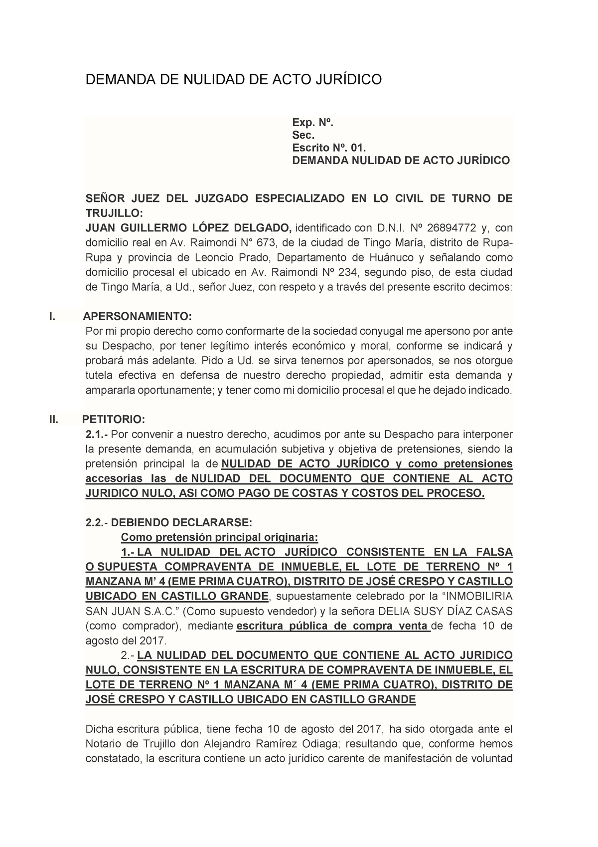 Demanda De Nulidad De Acto Jurídico Demanda De Nulidad De Acto JurÍdico Exp Nº Sec Escrito 9232