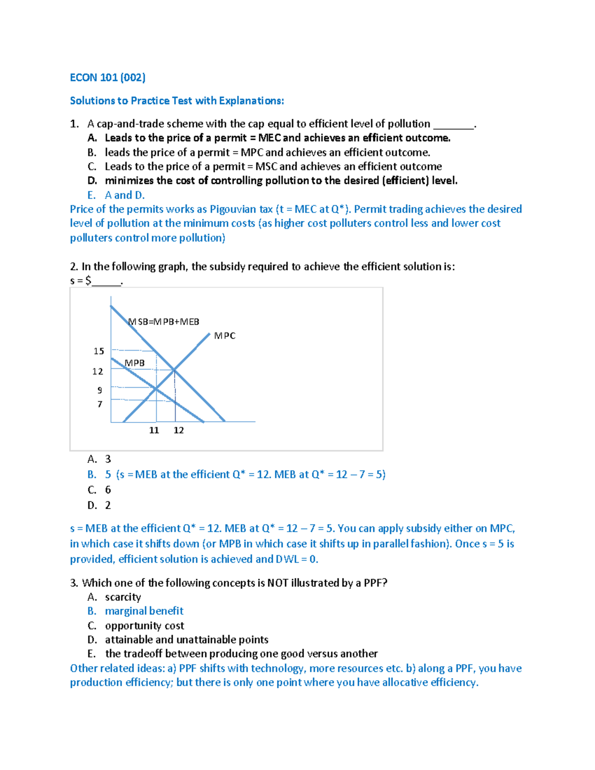 ECON 101- Practice Test Solution-explanation - ECON 101 (002) Solutions ...