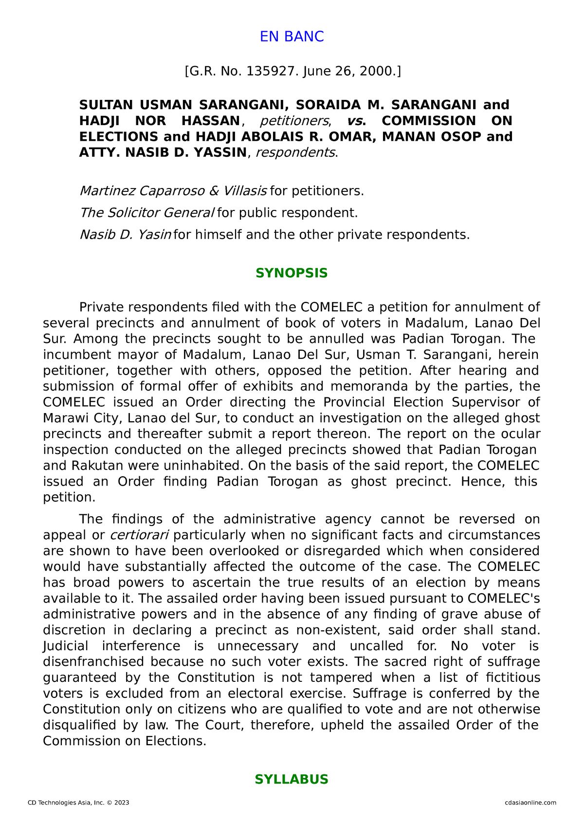 9. Saranggani Vs. Comelec, G.R. No. 135927, June 26, 2000 - EN BANC [G ...