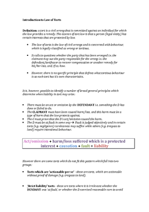 Law Of Torts Notes - The Law Of Tort- Lecture Notes Nature Of Torts The ...