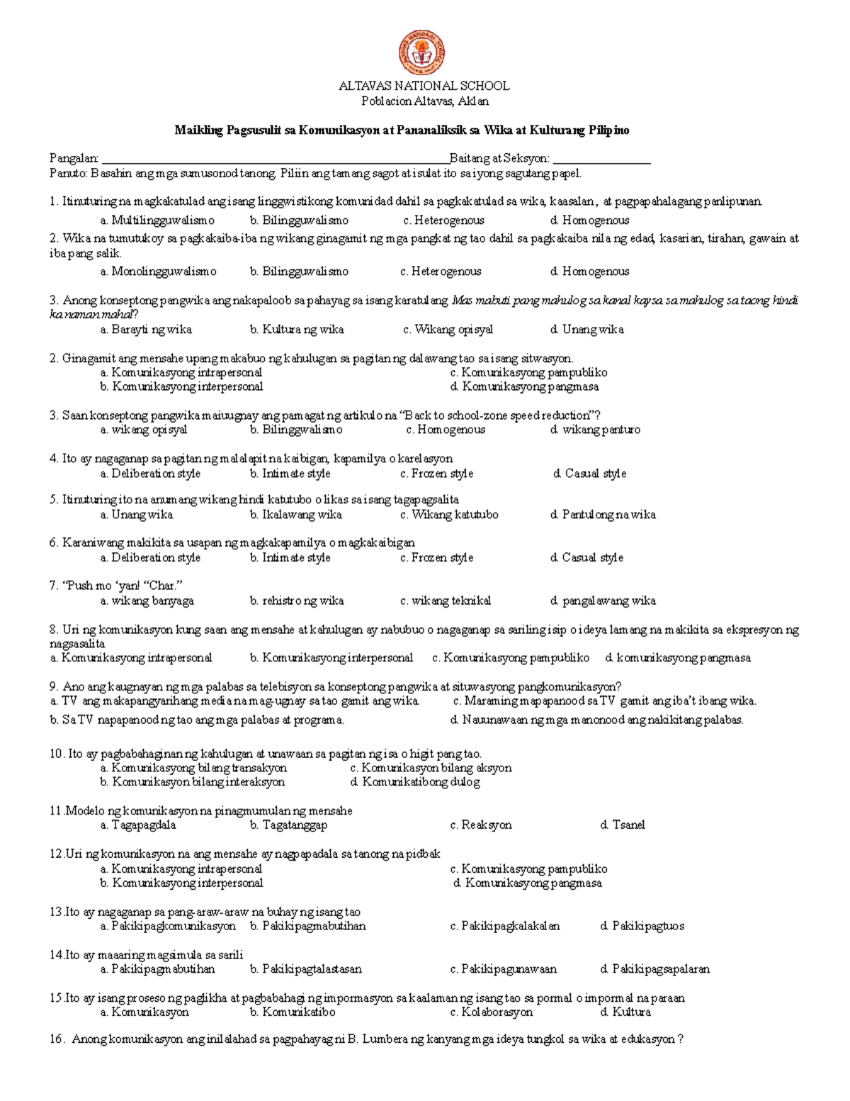 Short Quiz in Filipino - Hope this help. - ALTAVAS NATIONAL SCHOOL ...
