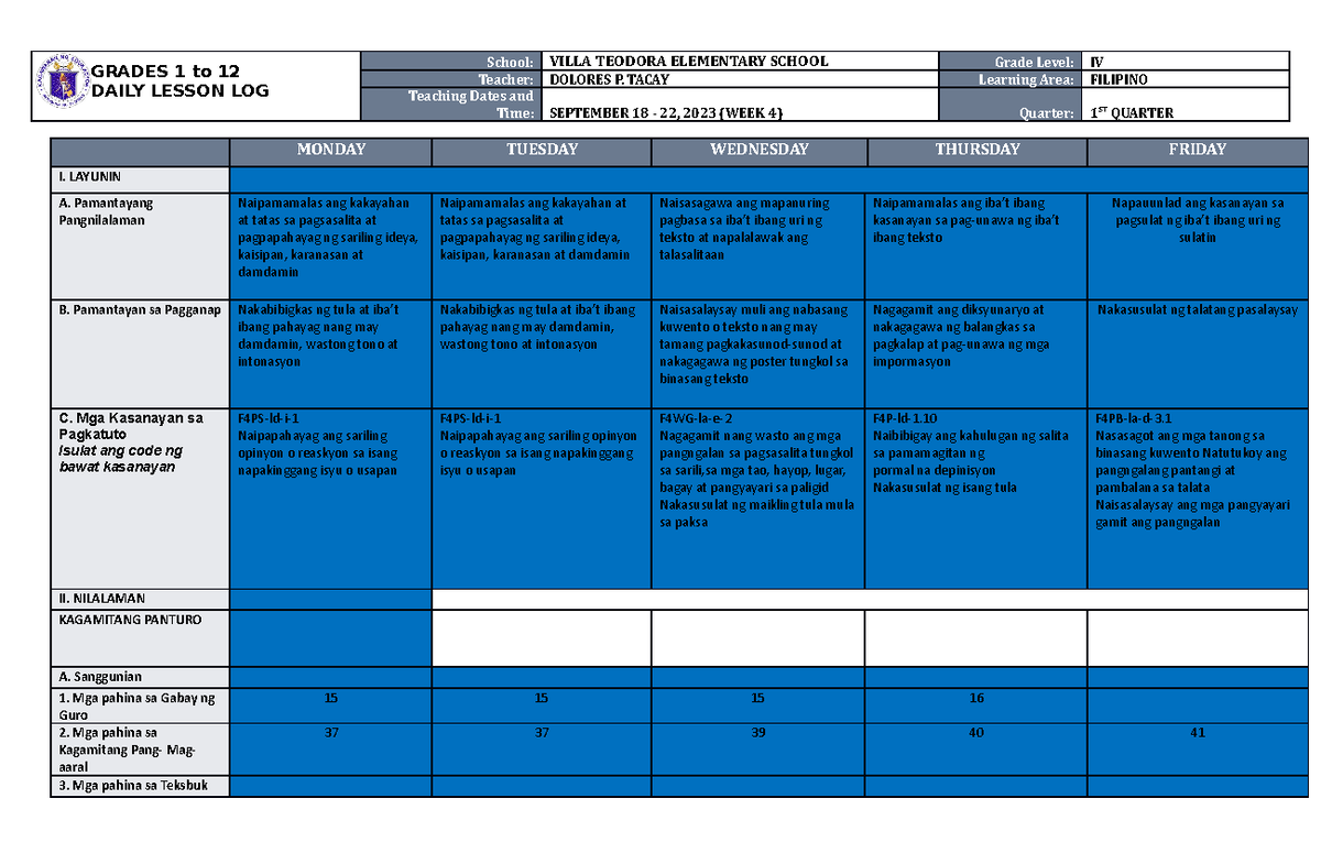 DLL Filipino 4 Q1 W4 - DLL ELEM - GRADES 1 to 12 DAILY LESSON LOG ...