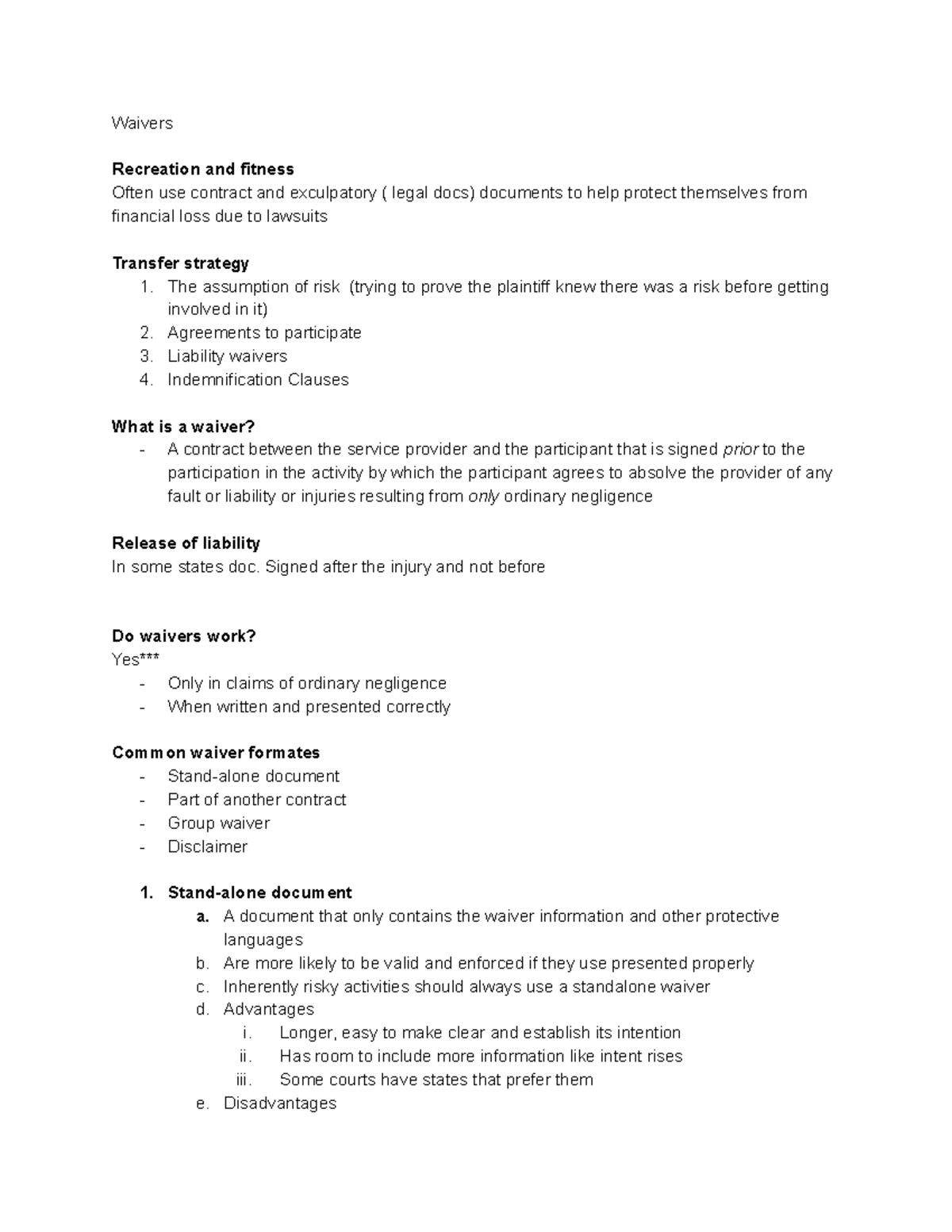 PRTM 3050 notes 10 16-12 12 - Waivers Recreation and fitness Often use ...