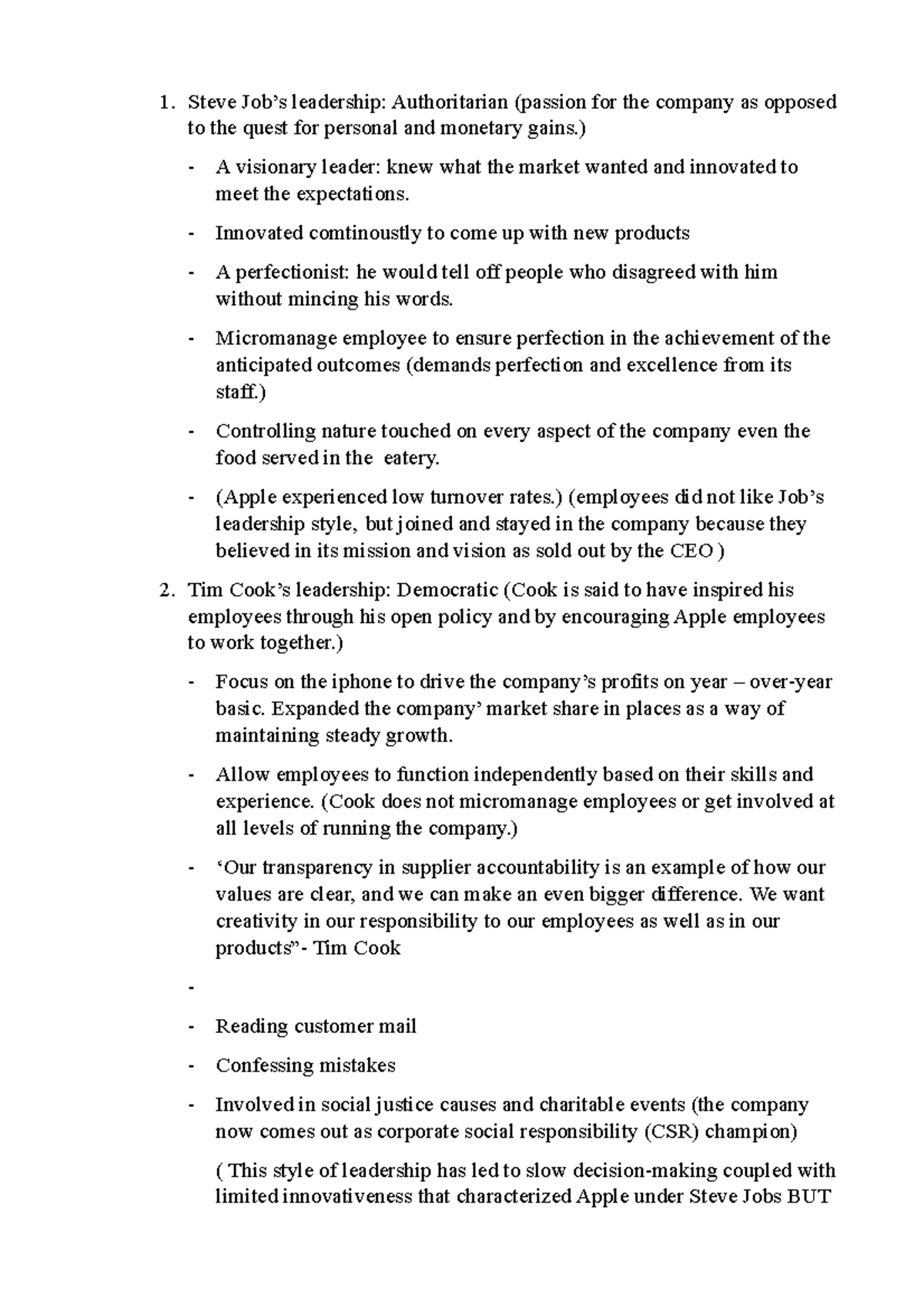 Casestudy - the leadership of stevejobs and timcook - Steve Job’s ...