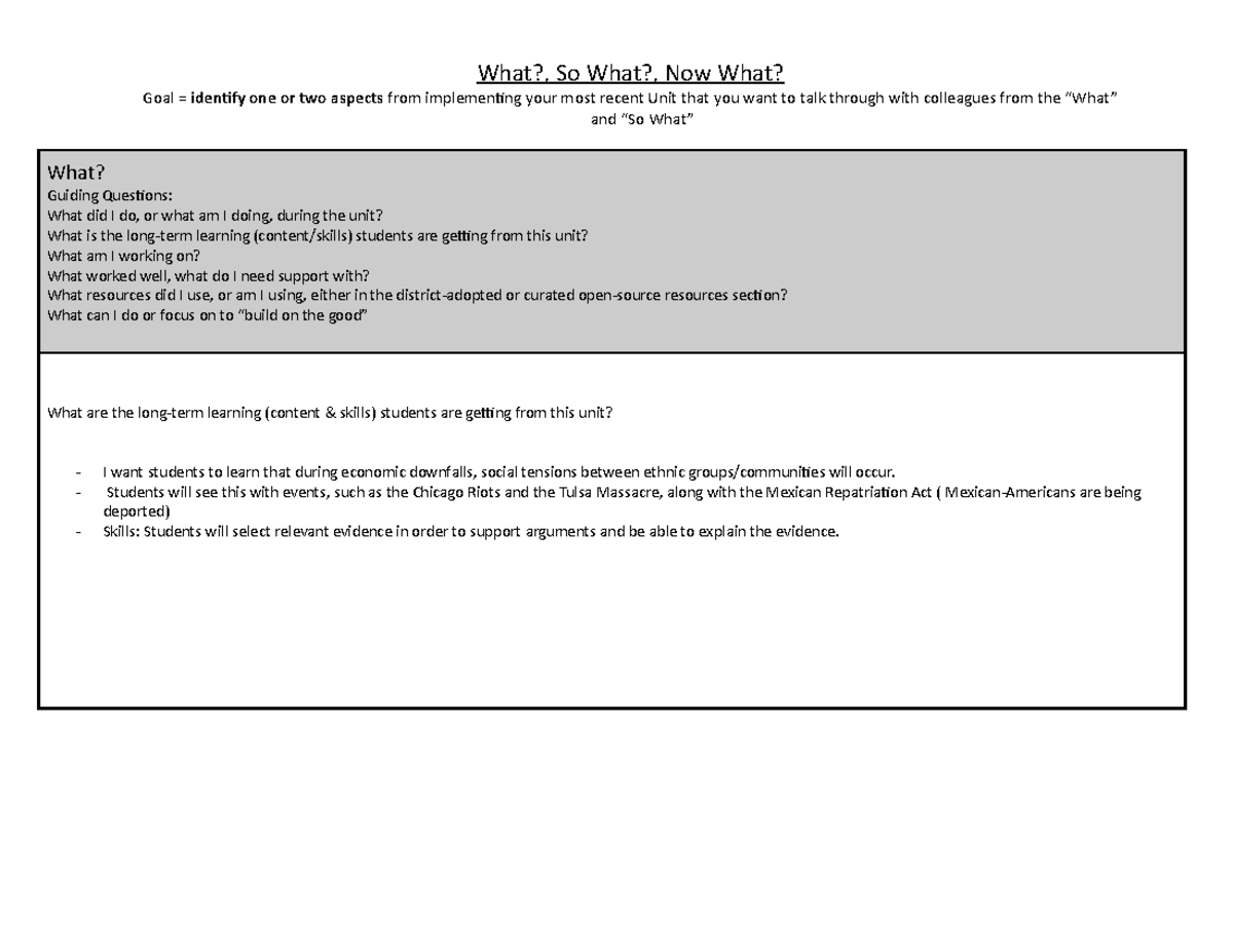 Copy of What , So What, Now What - What?, So What?, Now What? Goal ...