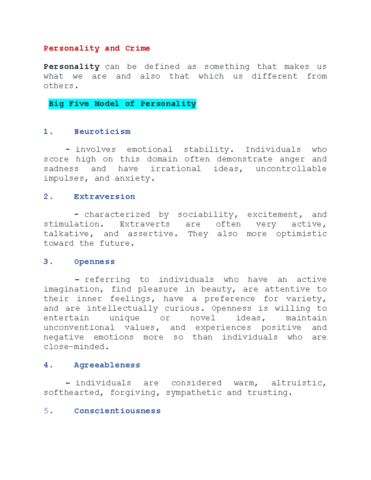 Week 6 Personality AND Crime - Personality and Crime Personality can be ...