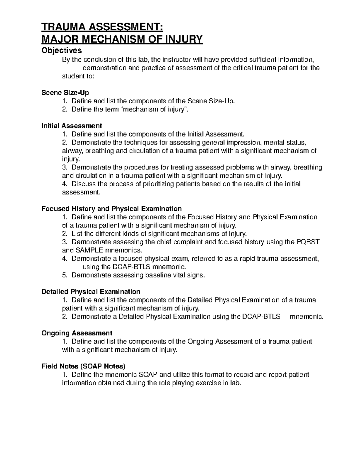 09-PA- Major - Notes on - TRAUMA ASSESSMENT: MAJOR MECHANISM OF INJURY  Objectives By the conclusion - Studocu