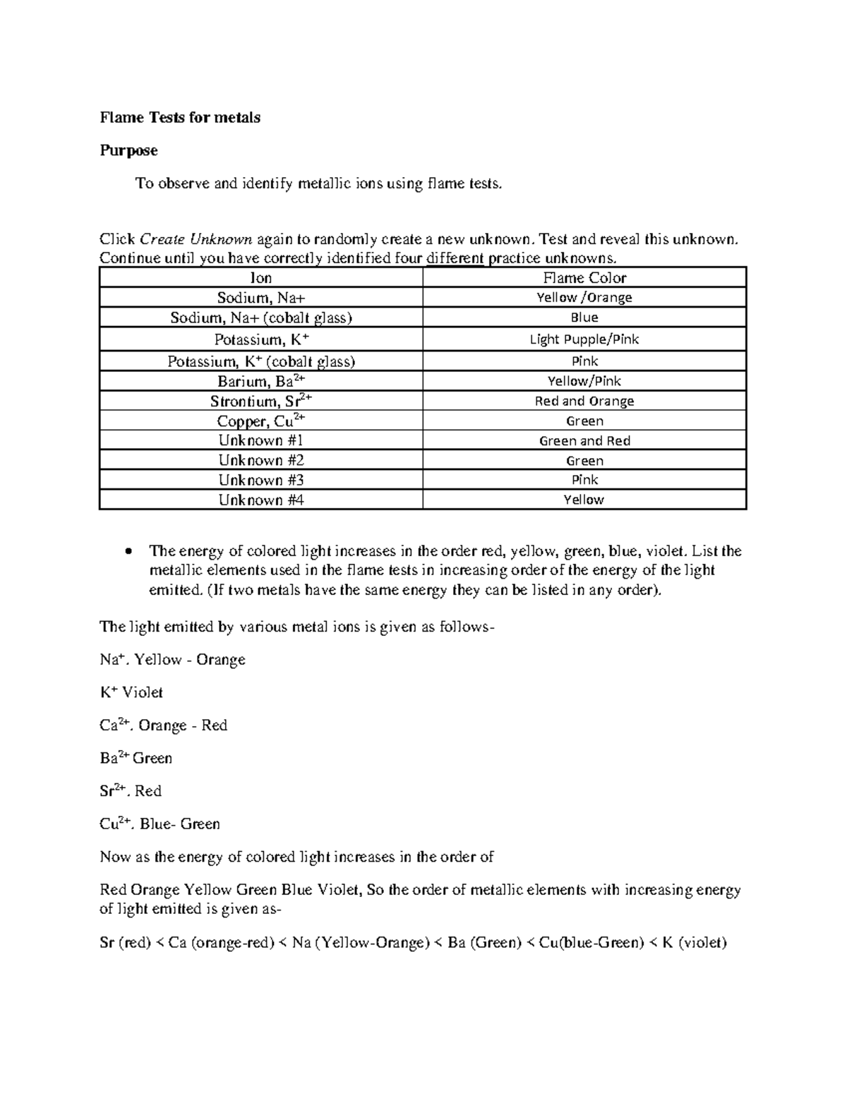 Flame Tests for metals Lab assignment to help out Flame Tests for