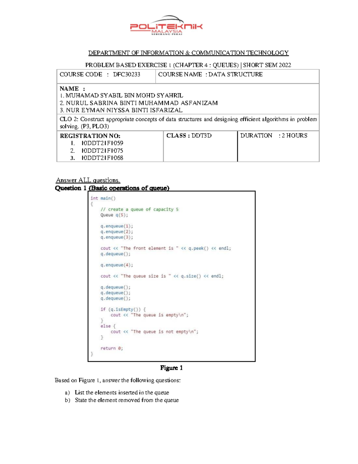 Pbe1Q (syabil,sabrina,eyman) - DEPARTMENT OF INFORMATION &amp;  COMMUNICATION TECHNOLOGY PROBLEM - StuDocu