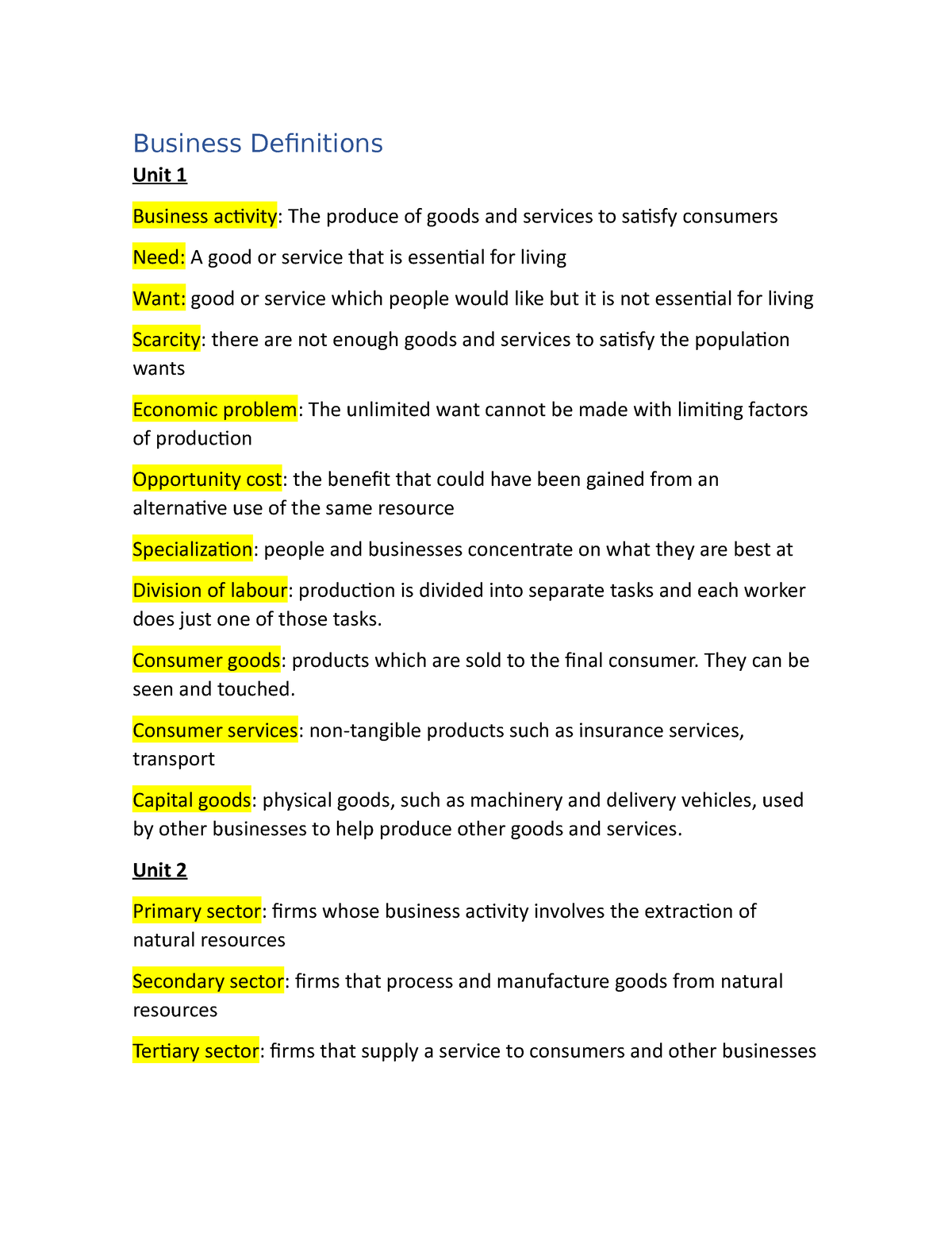 business definitions assignment