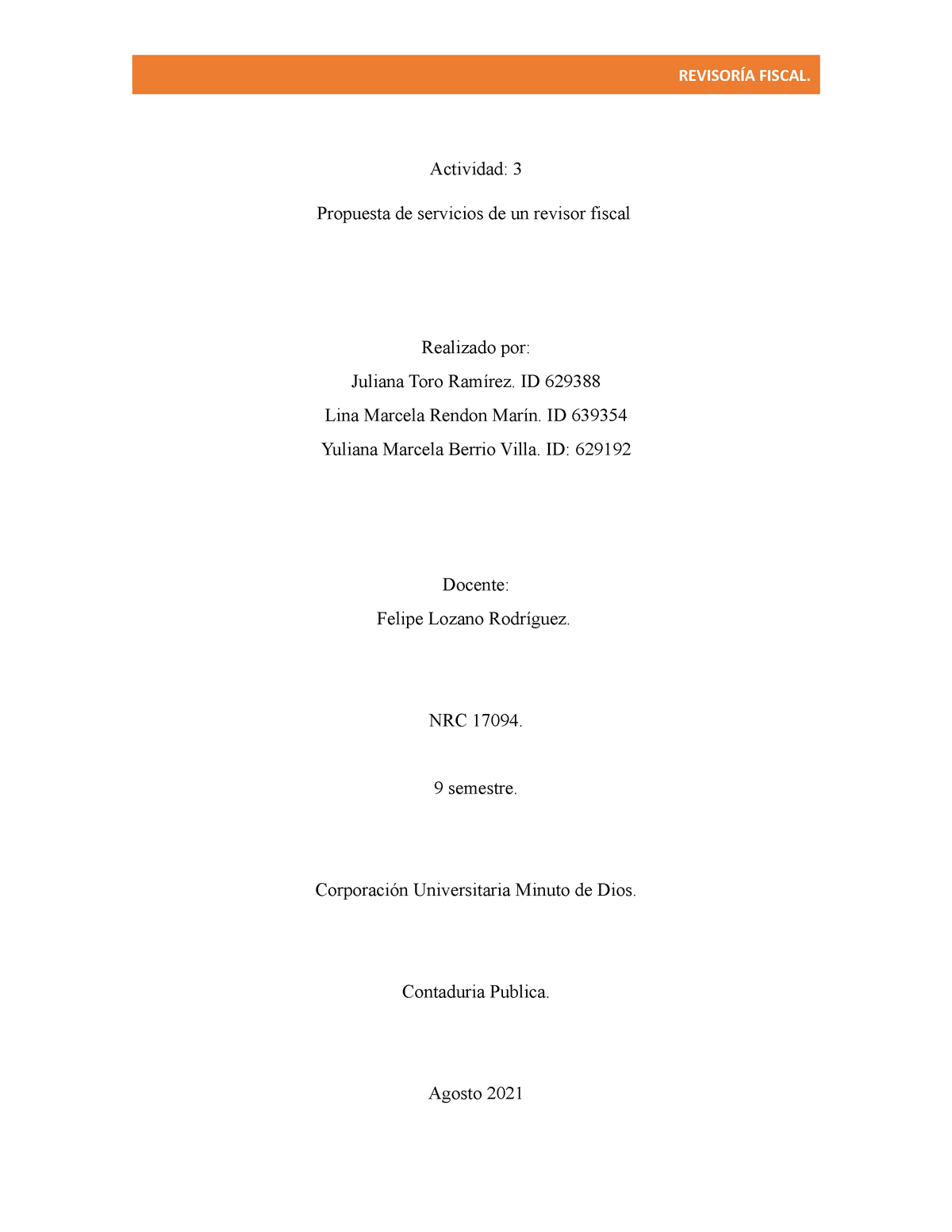 Modelo De Propuesta De Servicios De Revisoría Fiscal Actividad 3