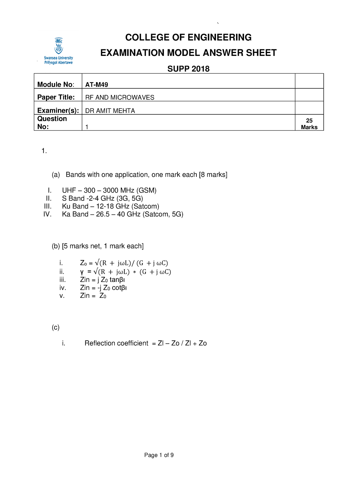 2018 (August) Mark Scheme - COLLEGE OF ENGINEERING EXAMINATION MODEL ...