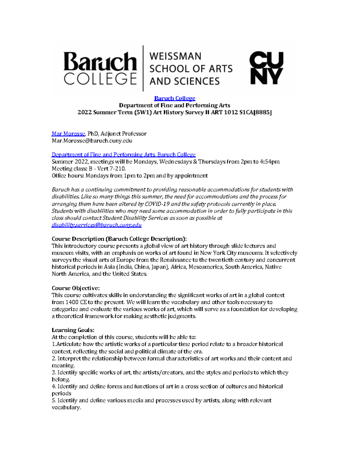 Art History Survey II Syllabus for ART 1012 (Summer 2022) Baruch