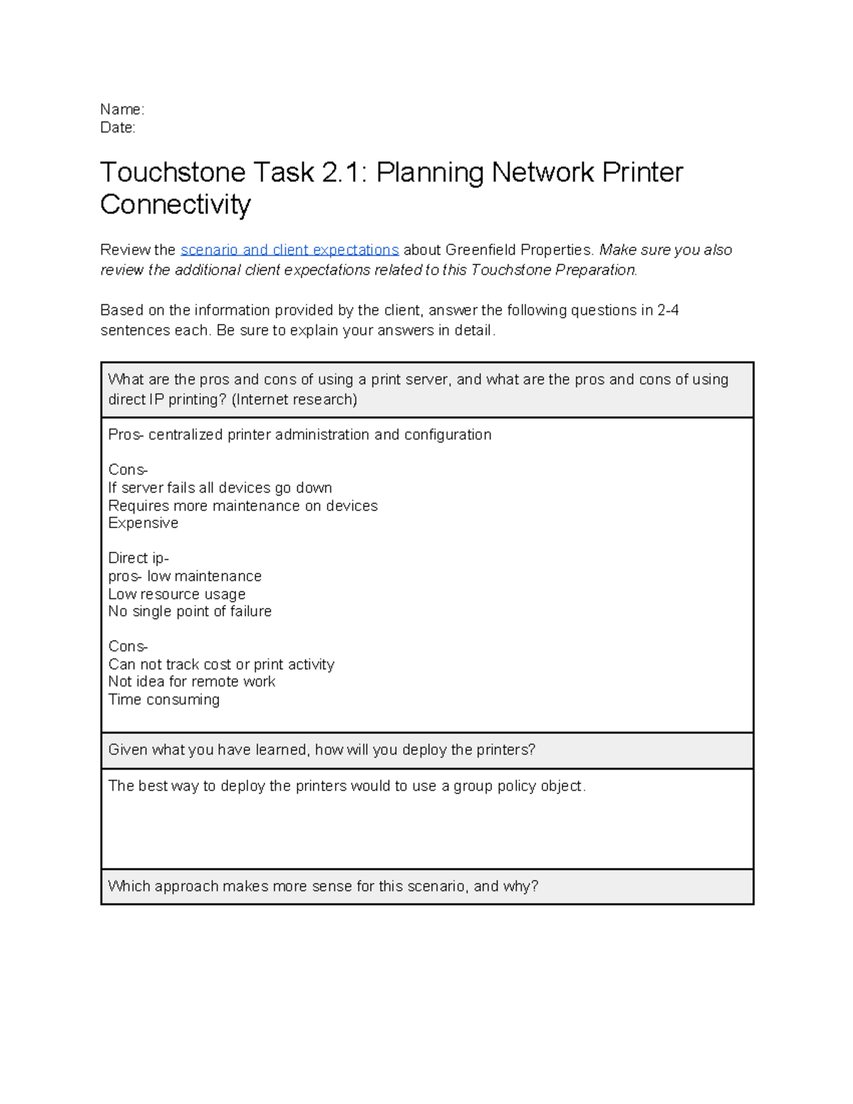 Touchstone Task 2.1 Planning Network Printer Connectivity Questions ...