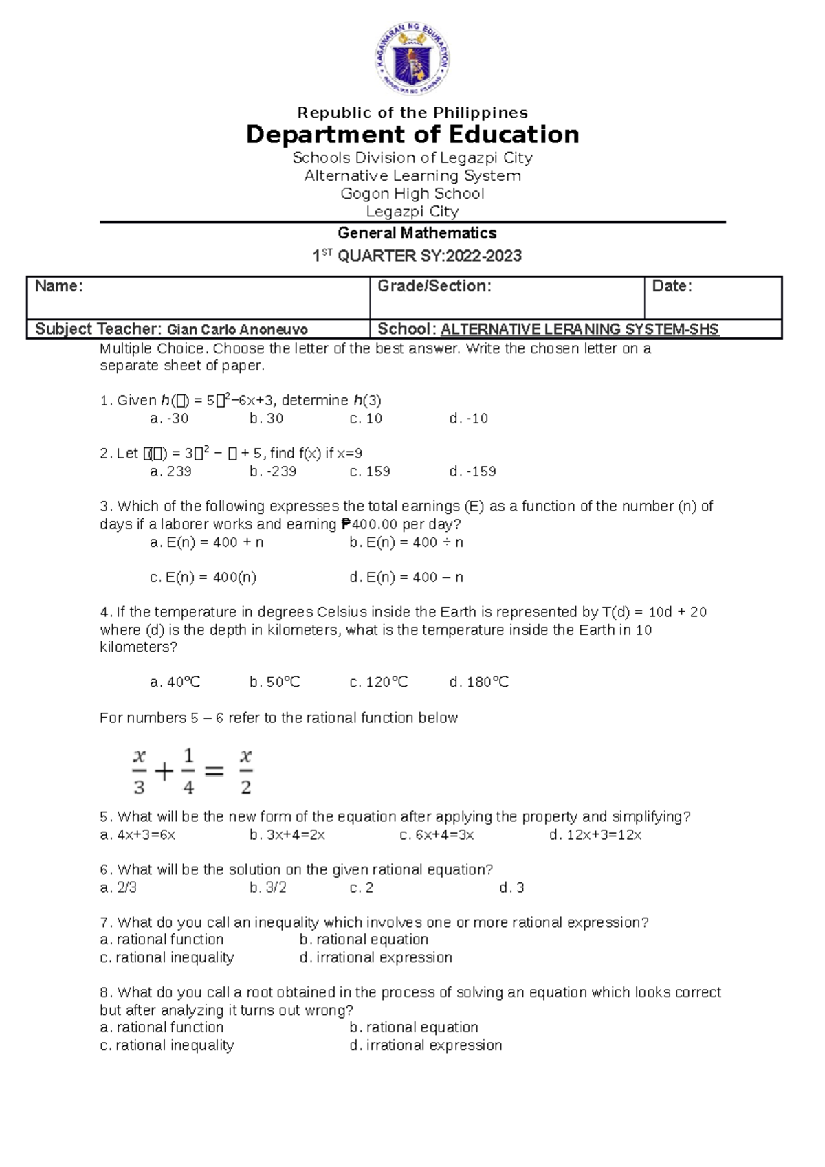 Quarterly assessment - Republic of the Philippines Department of ...