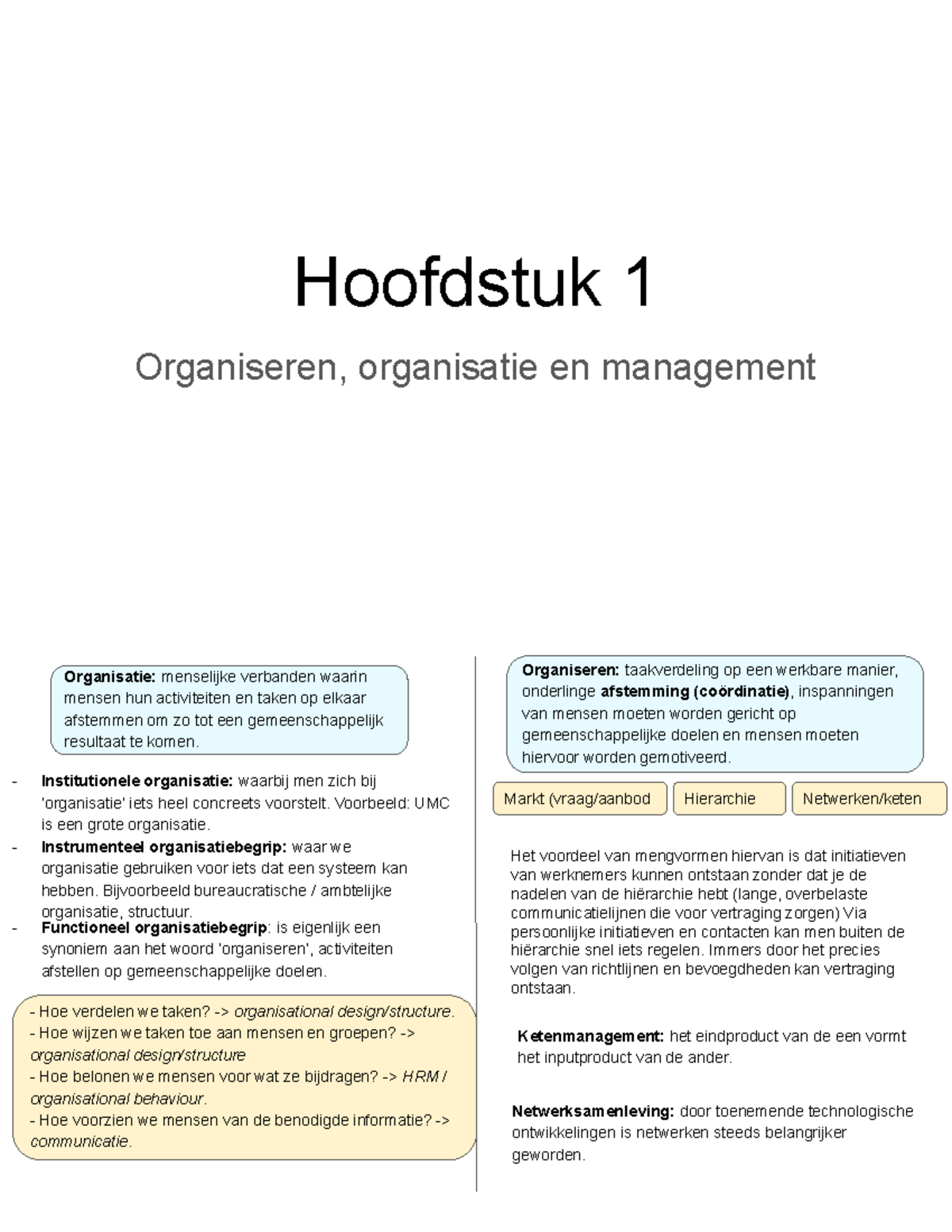 Samenvatting Organisatiekunde - Hoofdstuk 1 Organiseren, Organisatie En ...