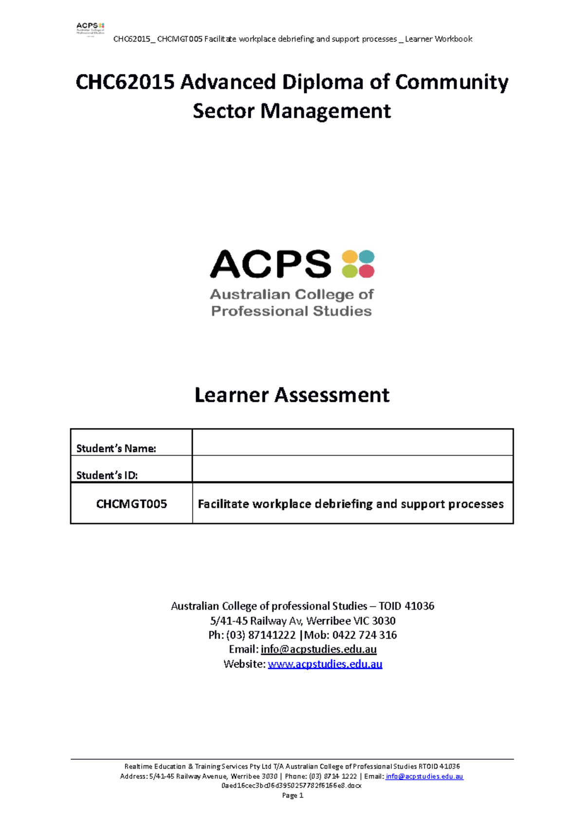 Chcmgt 005 Unit Assessment Pack Ver 2.2 - CHC62015 Advanced Diploma of ...