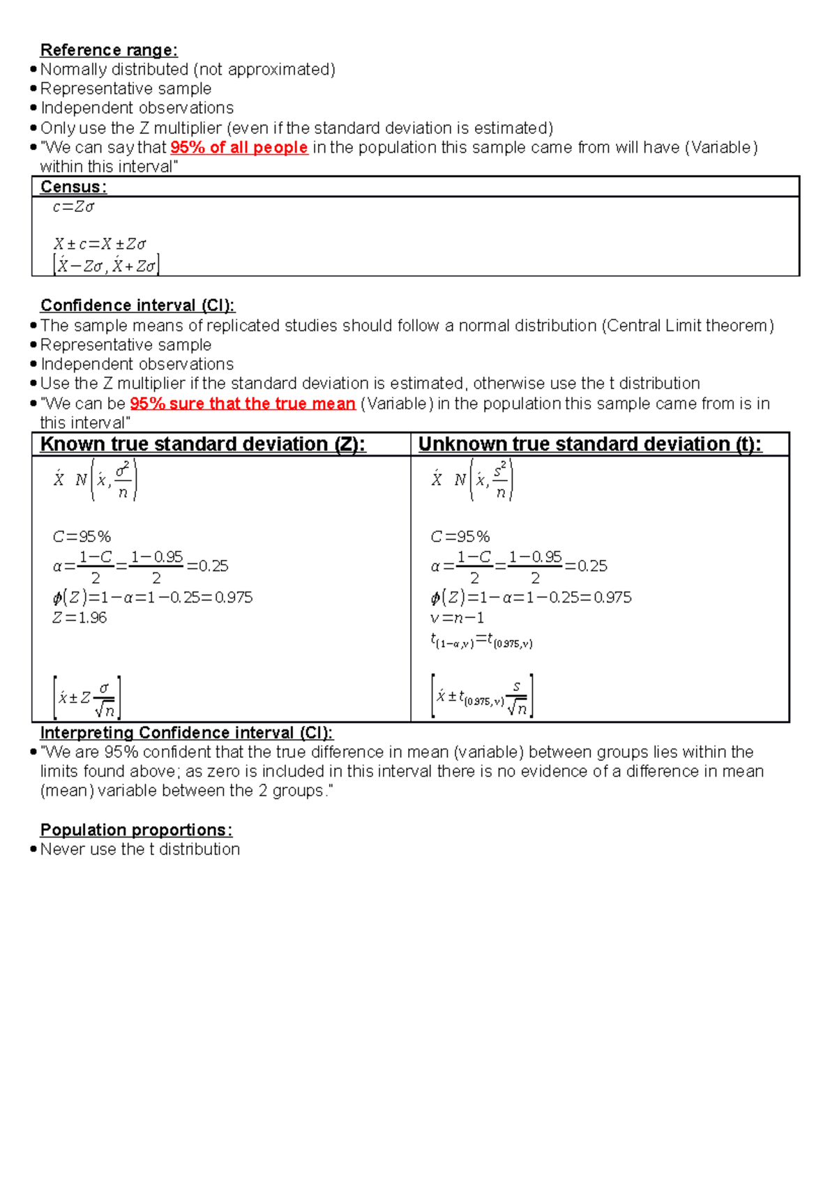 STAT 115 - Summary - Reference range: Normally distributed (not ...