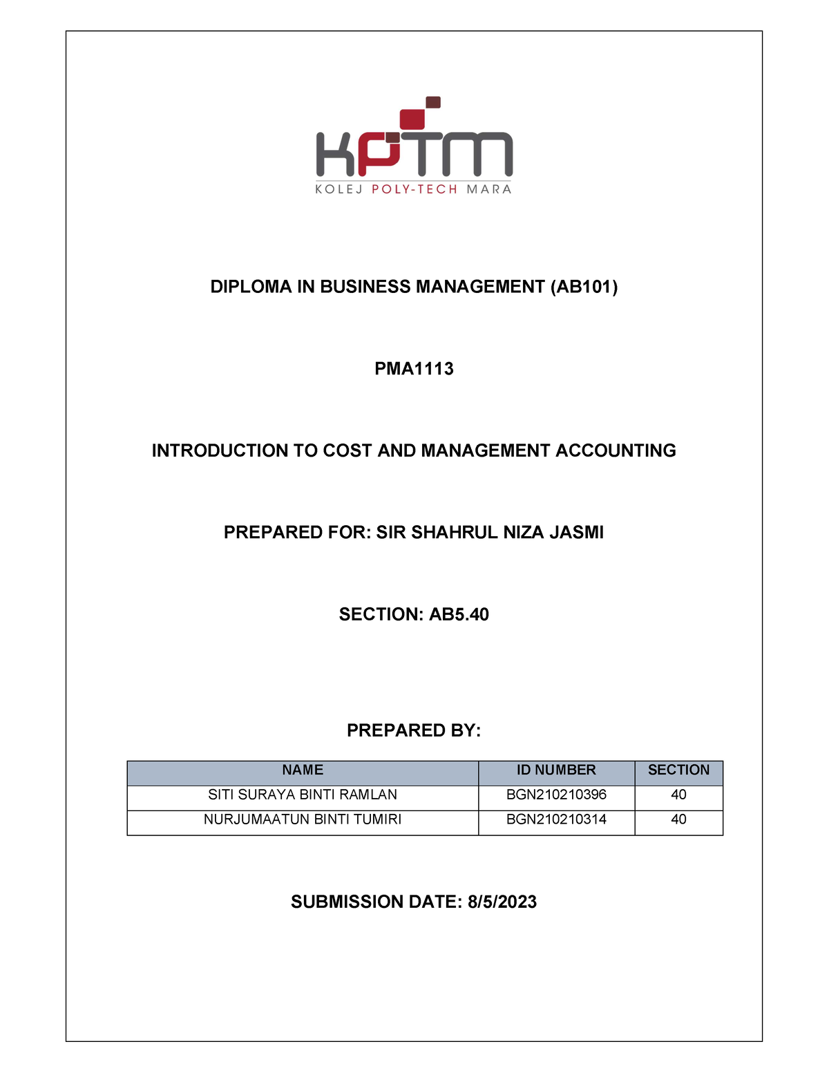 Pma1113 assignments - pma113 - DIPLOMA IN BUSINESS MANAGEMENT (AB101 ...