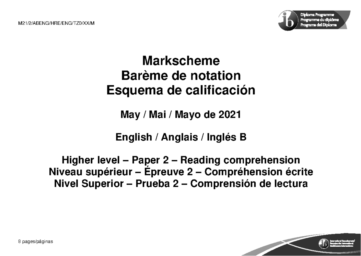 English B Paper 2 Reading Comprehension HL Markscheme - M21/2/ABENG/HRE ...