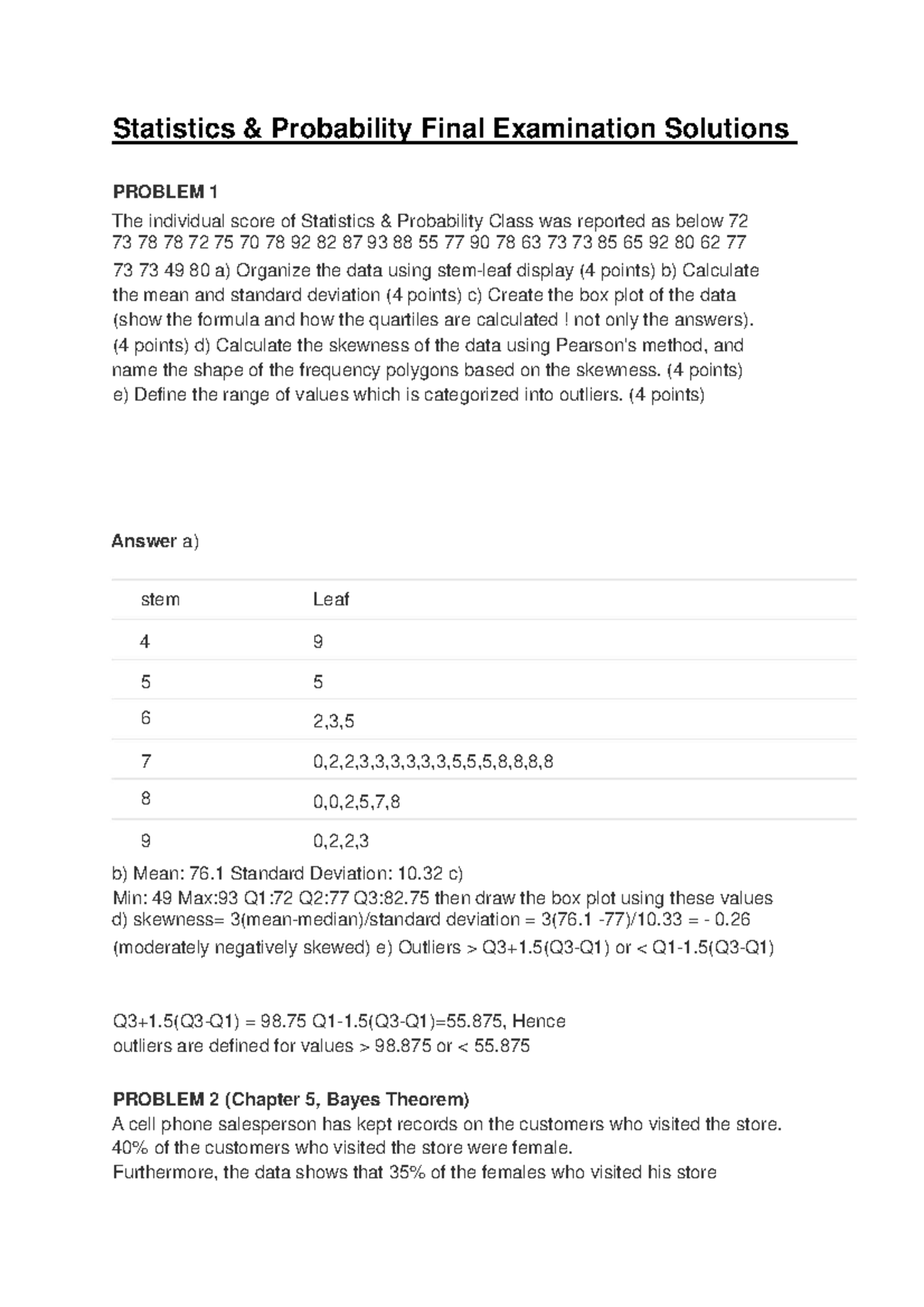 Statistics And Probability Final Examination Solutions PT7 - Statistics ...