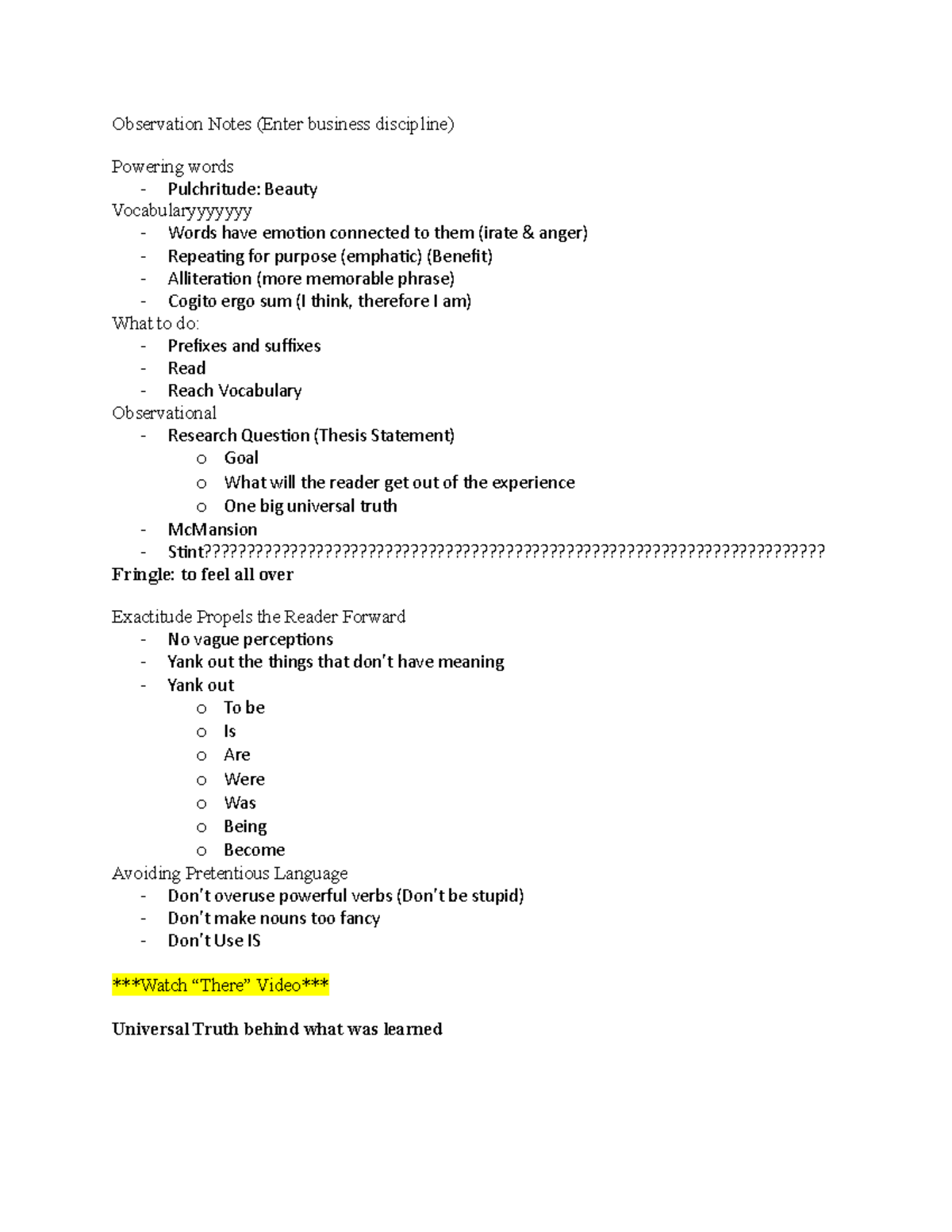 Observational Essay - Notes - Observation Notes (Enter business ...