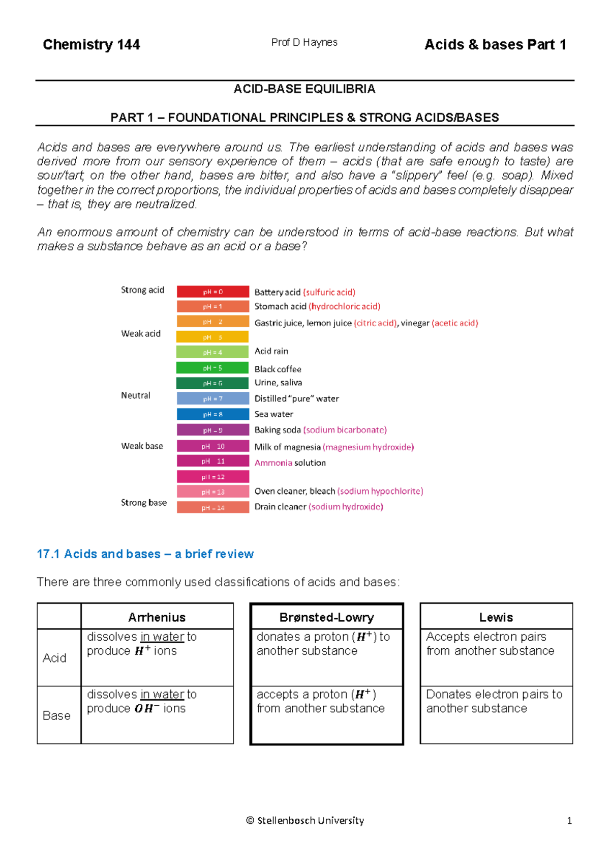 Class notes Acids Part 1 - ACID-BASE EQUILIBRIA PART 1 – FOUNDATIONAL ...
