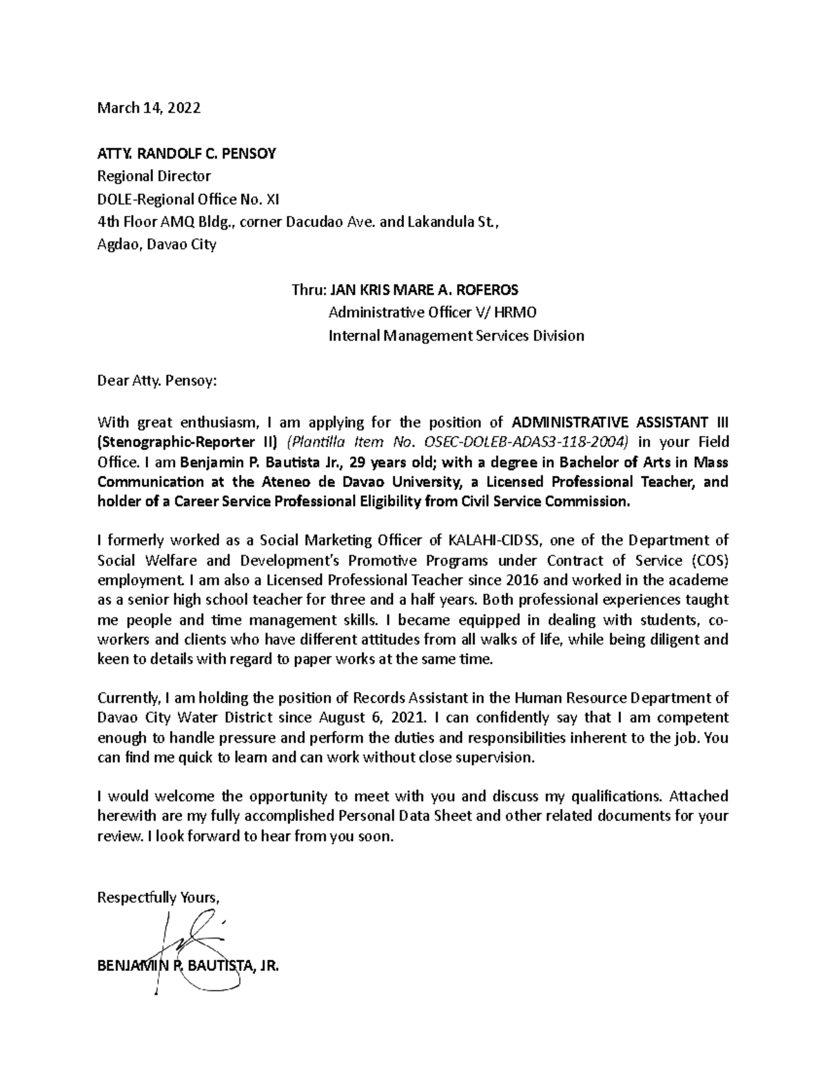 Dole Application-Letter- Bautista - March 14, 2022 ATTY. RANDOLF C