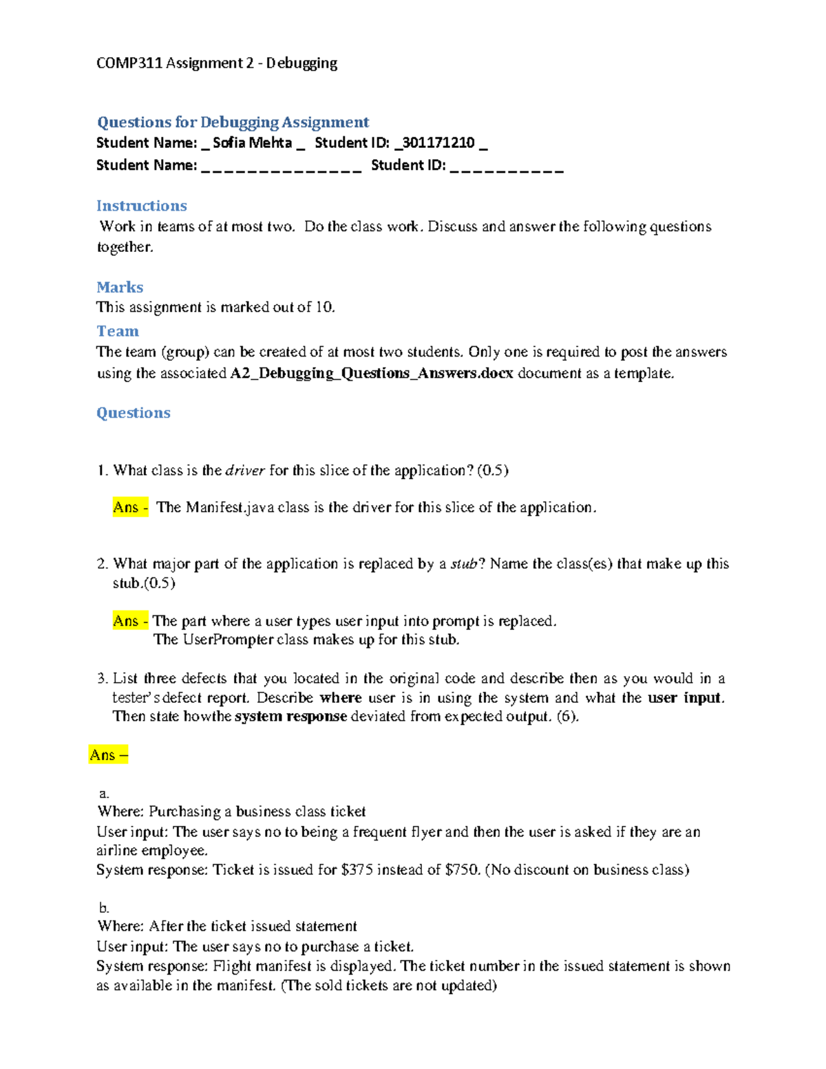 A2-Debugging Questions Answers - COMP311 Assignment 2 - Debugging ...