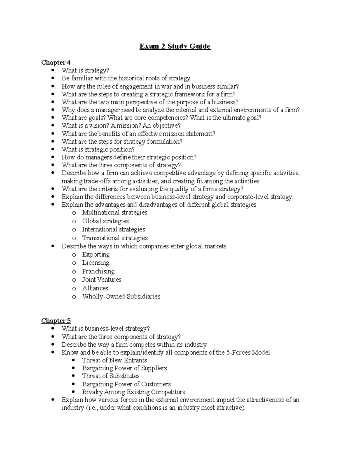 Exam 2 Study Guide - Exam 2 Study Guide Chapter 4 What Is Strategy? Be ...