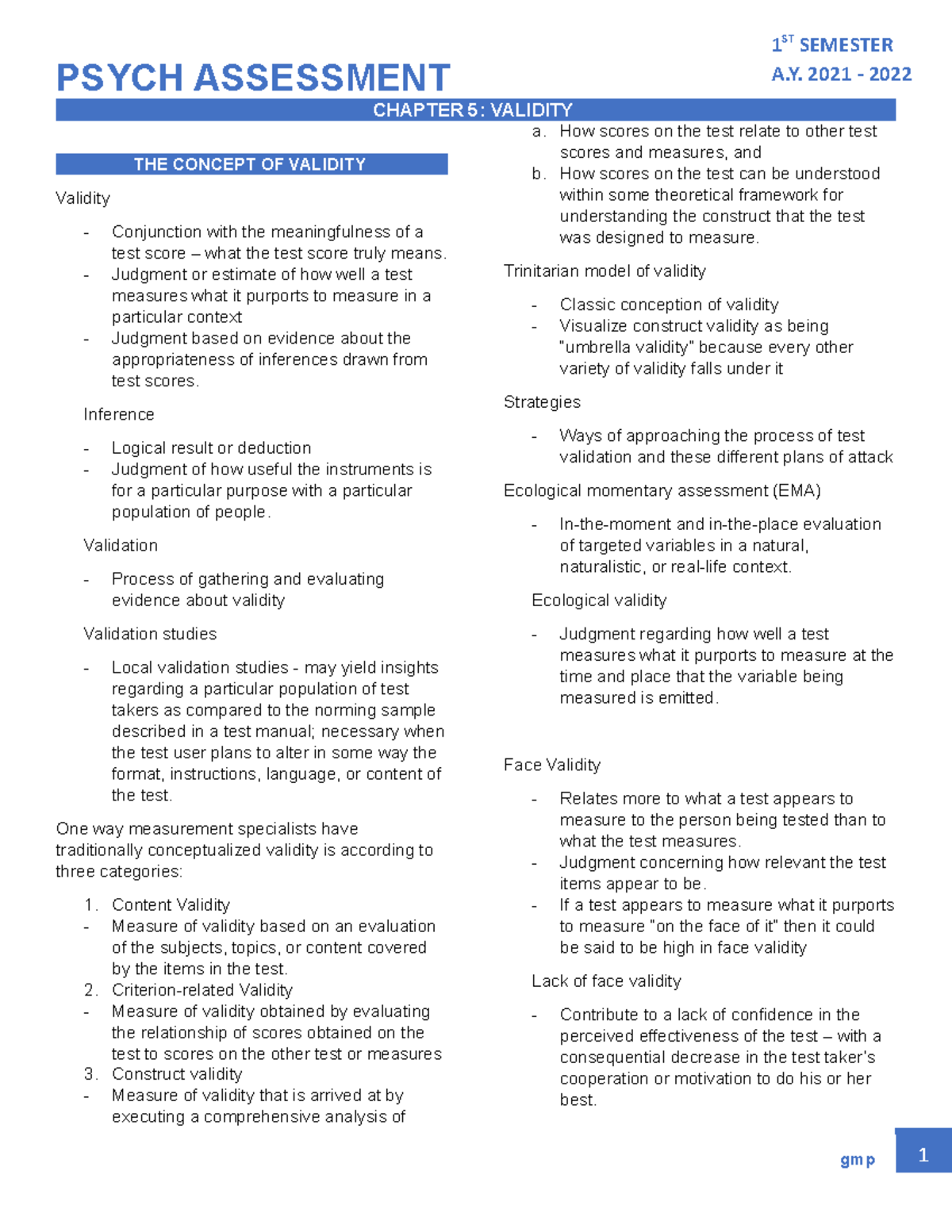 Assessment Trans - Chapter 6 - PSYCH ASSESSMENT CHAPTER 5: VALIDITY THE ...