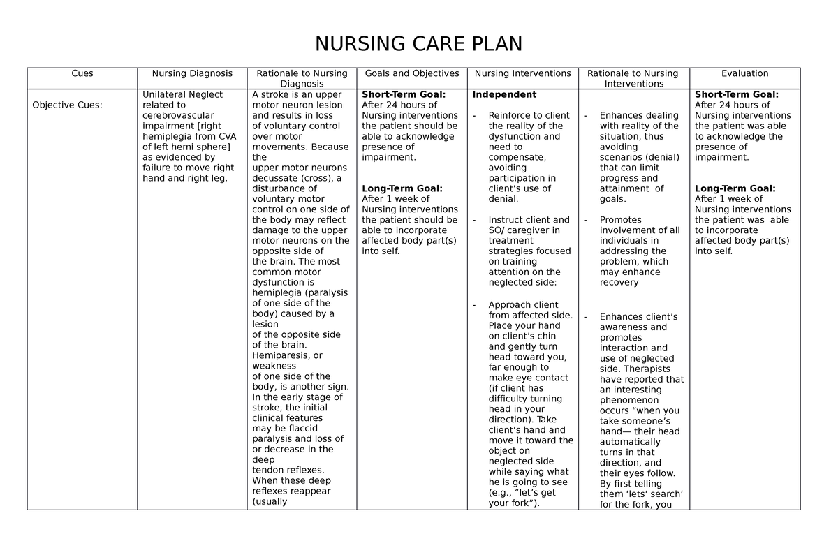 Nursing CARE PLAN ( Activity 1) - NURSING CARE PLAN Cues Nursing ...