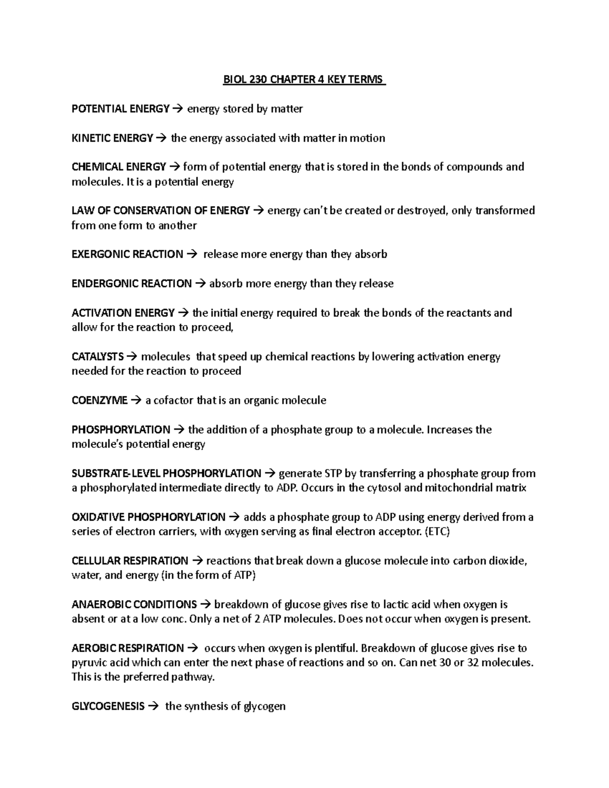 BIOL 230 Chapter 4 KEY Terms - BIOL 230 CHAPTER 4 KEY TERMS POTENTIAL ...