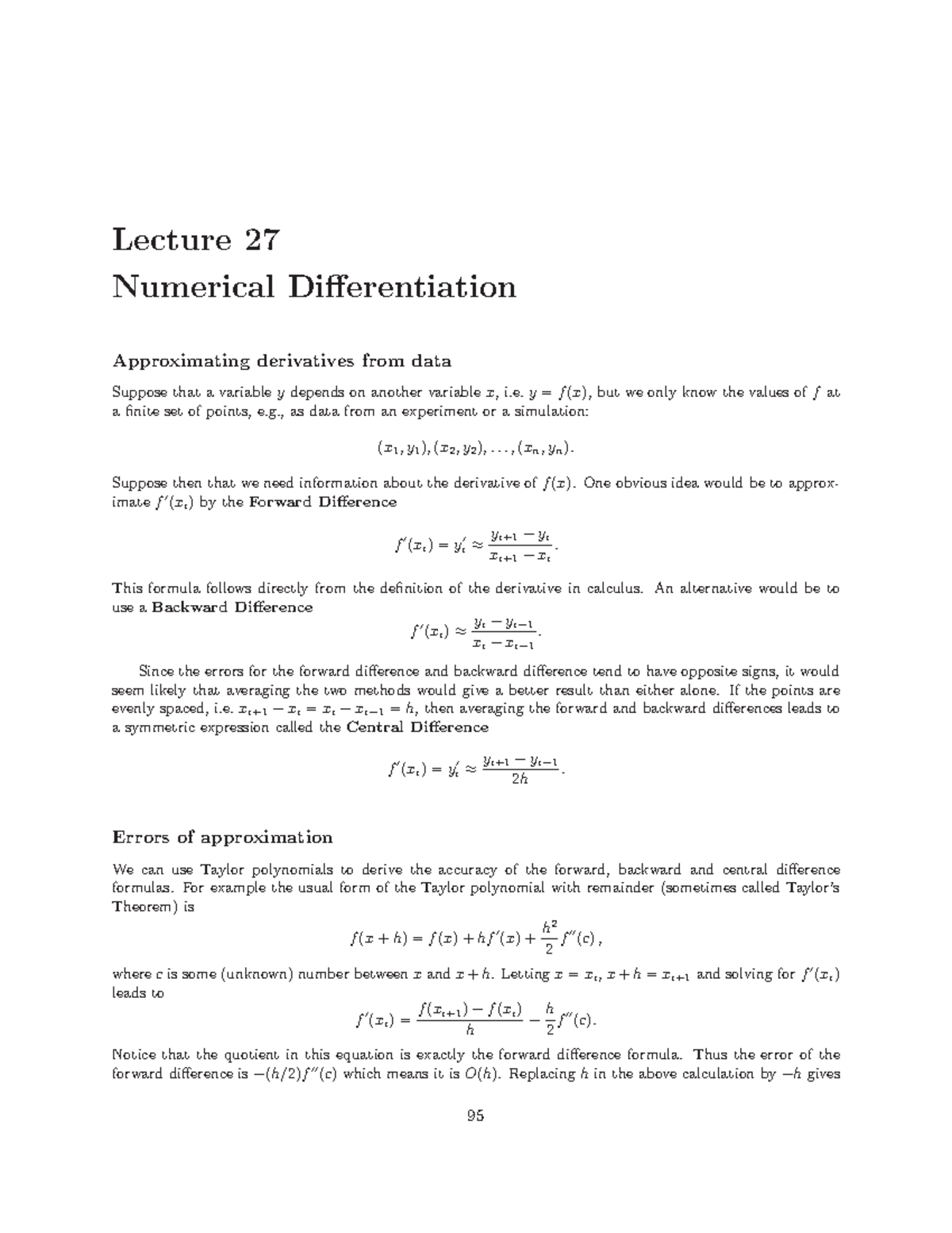Lecture 27 MATH 3600 Spring 2015 - Lecture 27 Numerical Differentiation ...
