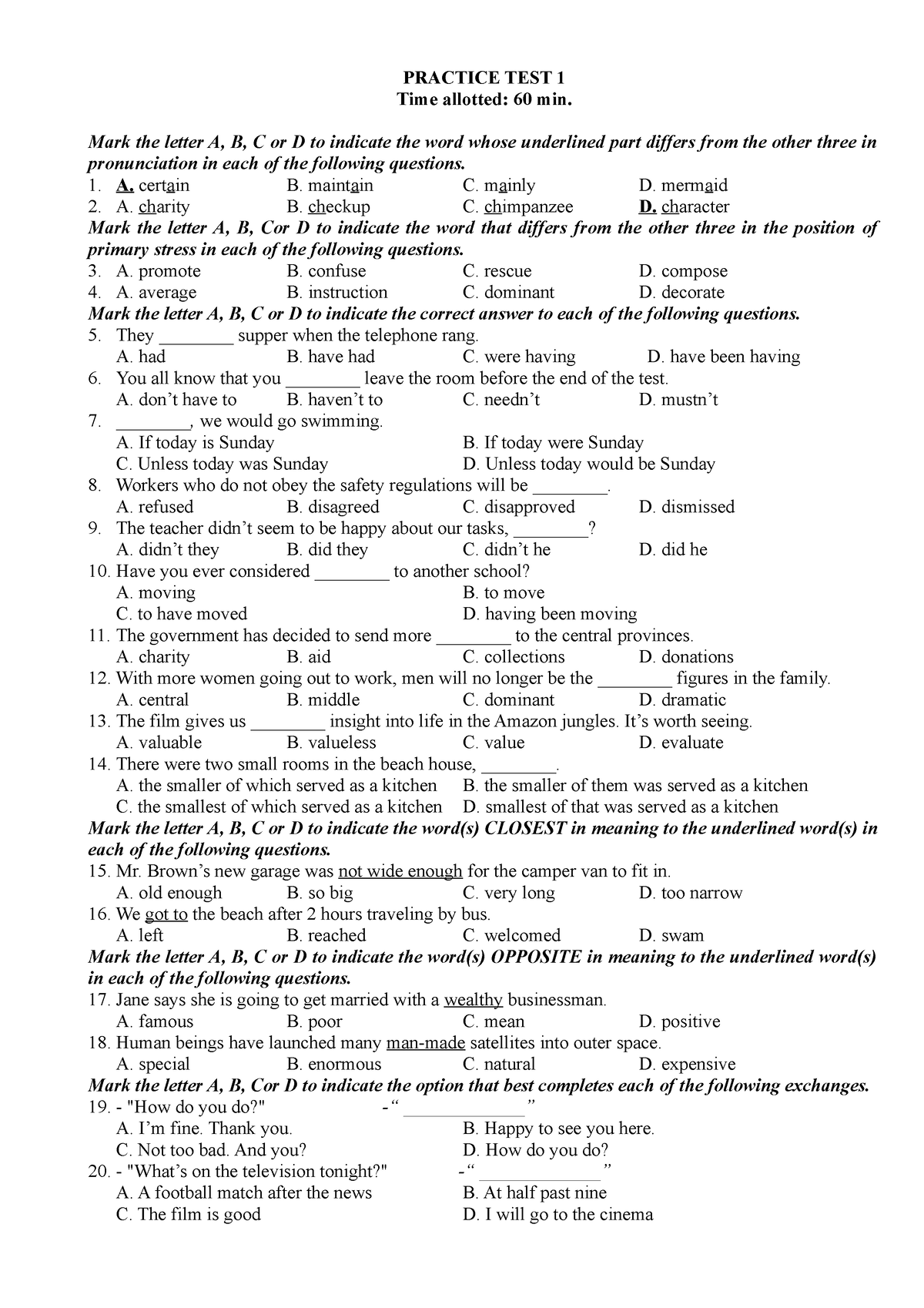 PHẦN B - ĐỀ TỰ LUYỆN - PRACTICE TEST 1 Time Allotted: 60 Min. Mark The ...