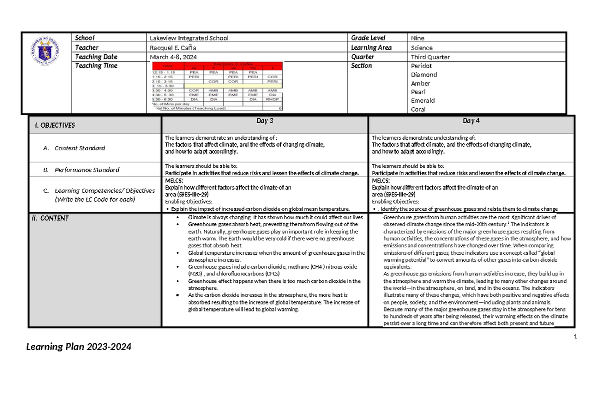 Lesson Planning - I. OBJECTIVES Day 3 Day 4 A. Content Standard The ...