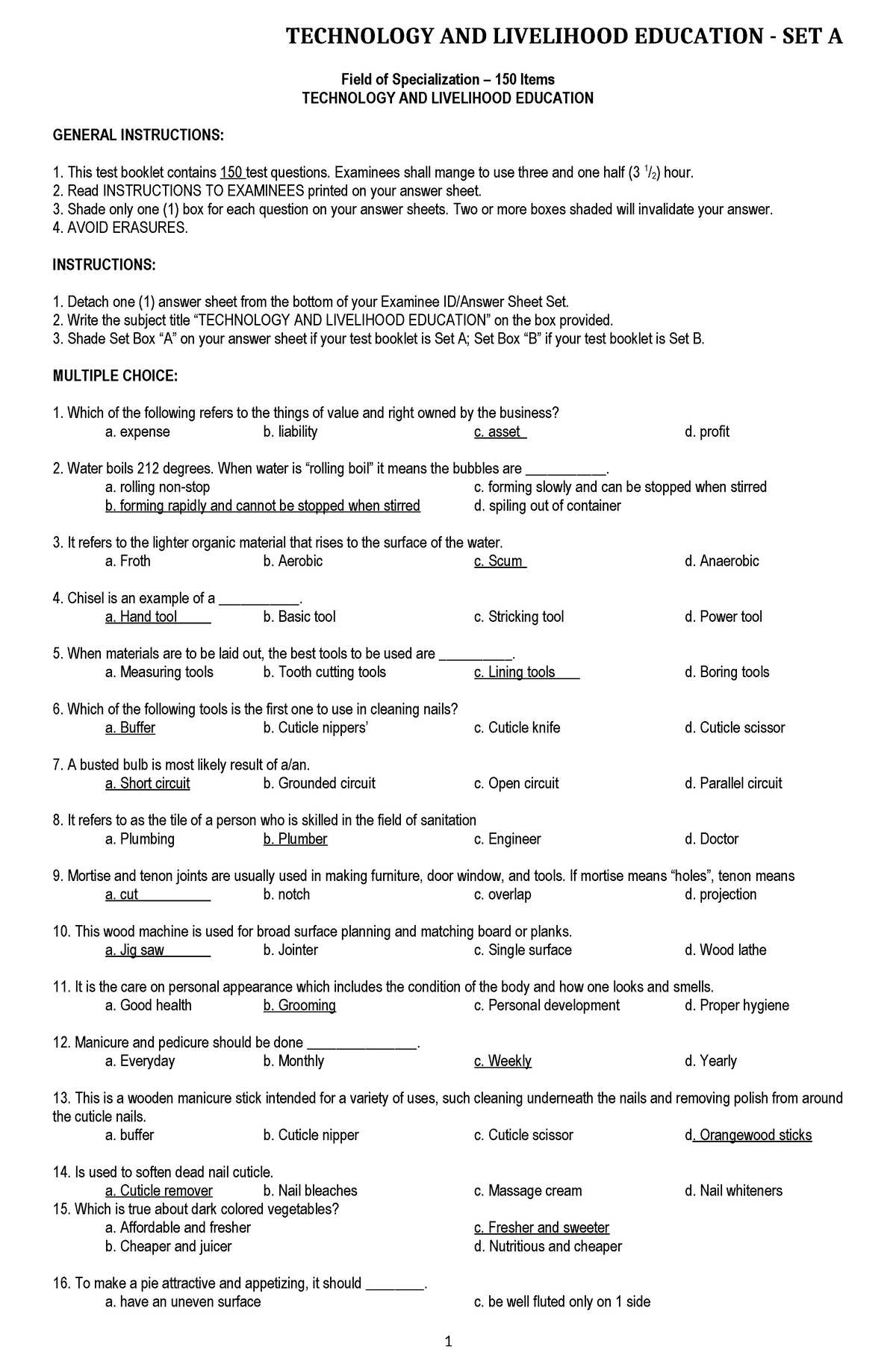 TLE EXAM - SET A - n/a - Field of Specialization – 150 Items TECHNOLOGY ...