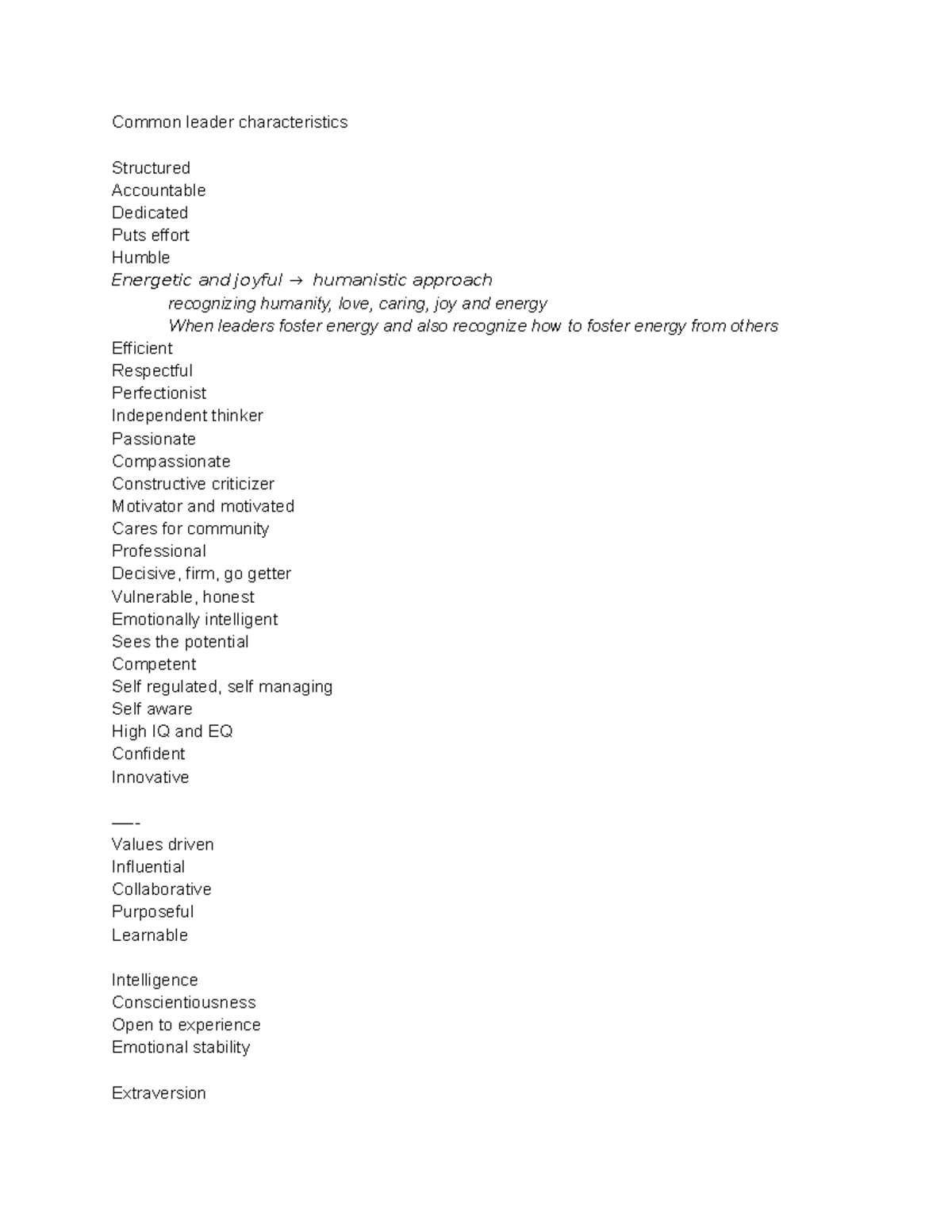 11 28 leadership notes - Common leader characteristics Structured ...